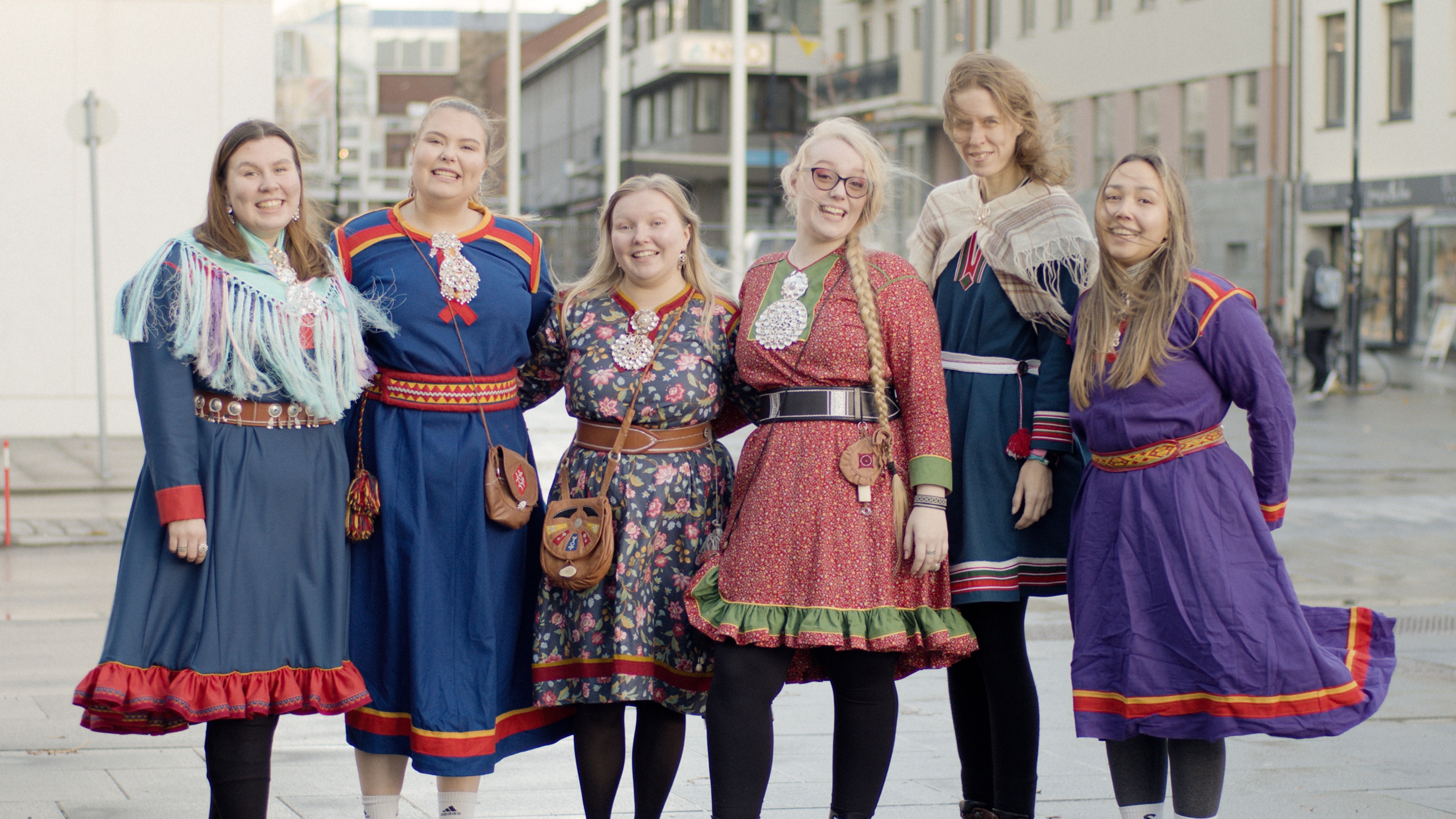 People wearing the traditional Sami dress kofte in Bodø, Nordland, Northern Norway.