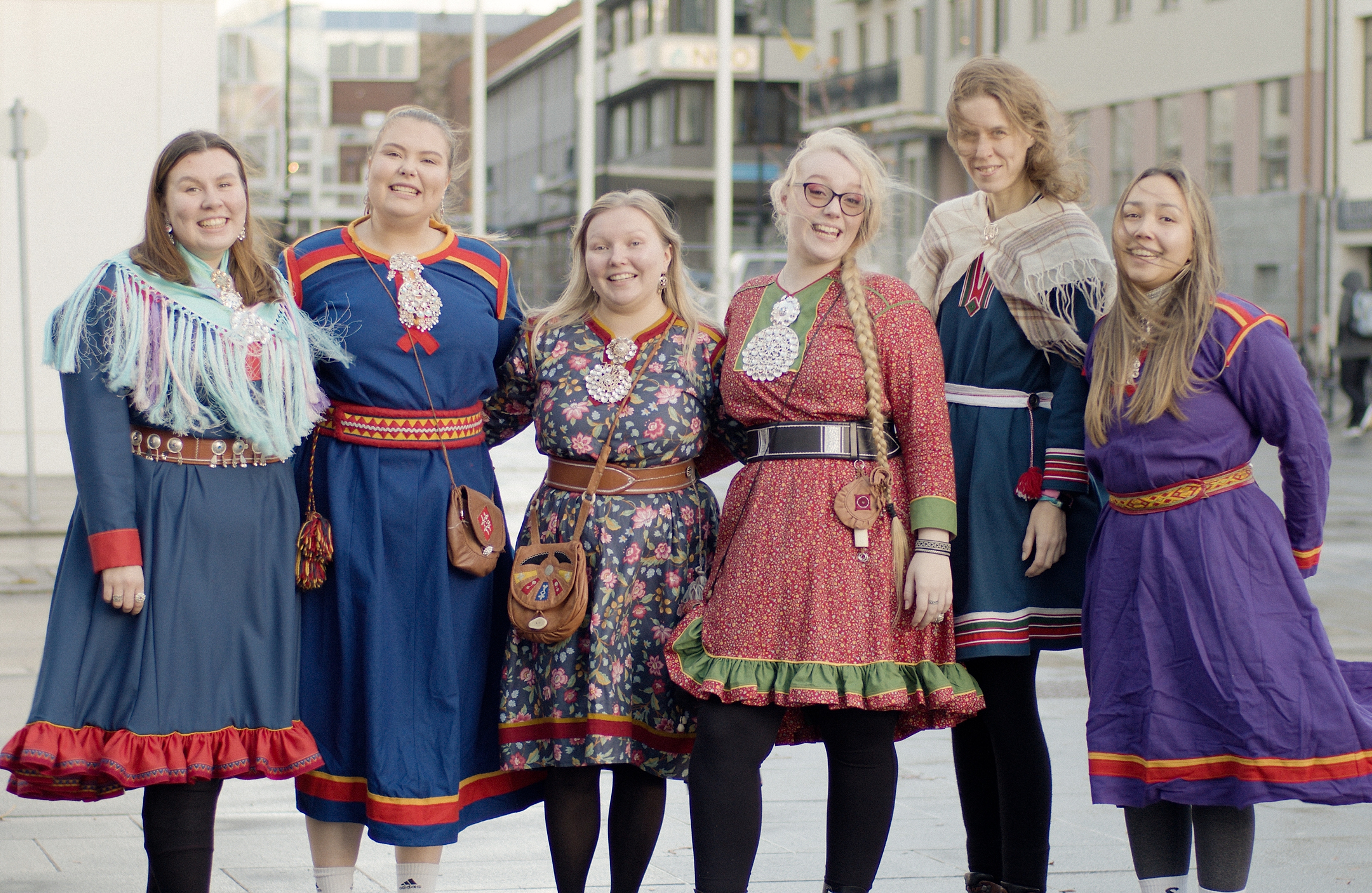 People wearing the traditional Sami dress kofte in Bodø, Nordland, Northern Norway.