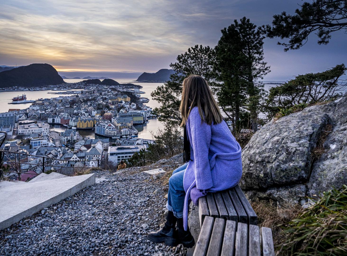 Girl enjoying the view of Ålesund from the Aksla viewpoint