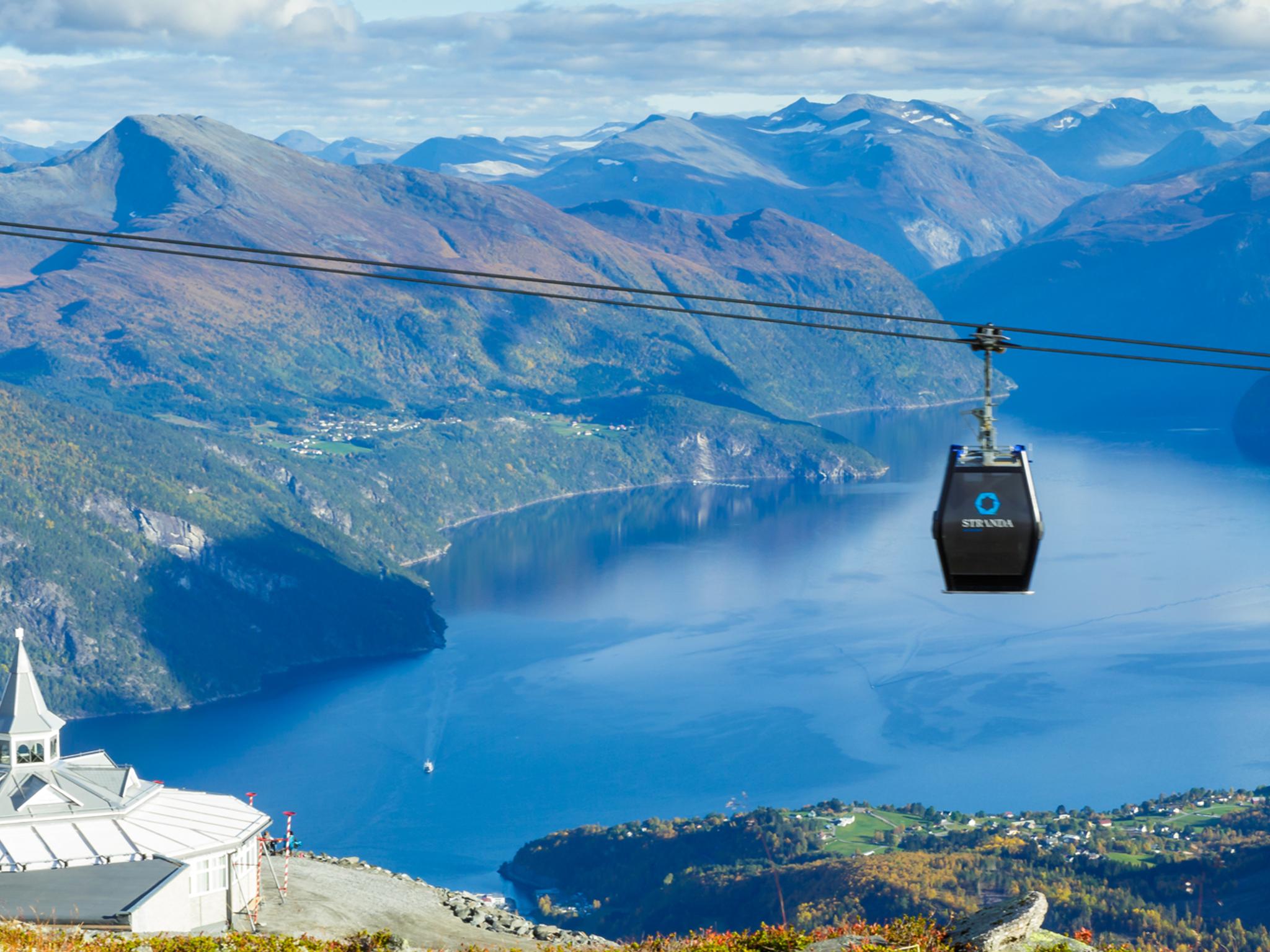 The gondola lift and the pavilion at Mount Strandafjellet in Fjord Norway