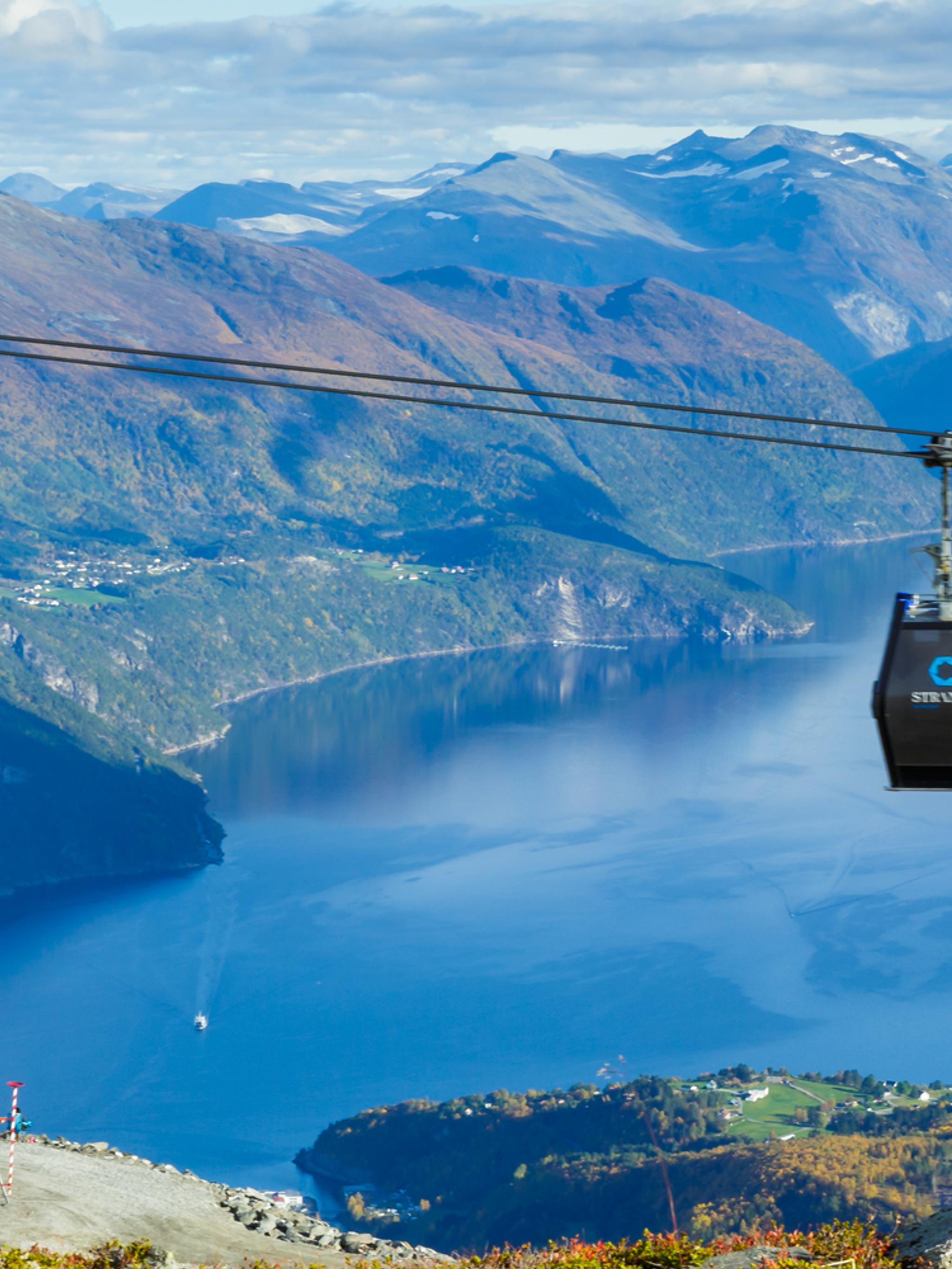 The gondola lift and the pavilion at Mount Strandafjellet in Fjord Norway