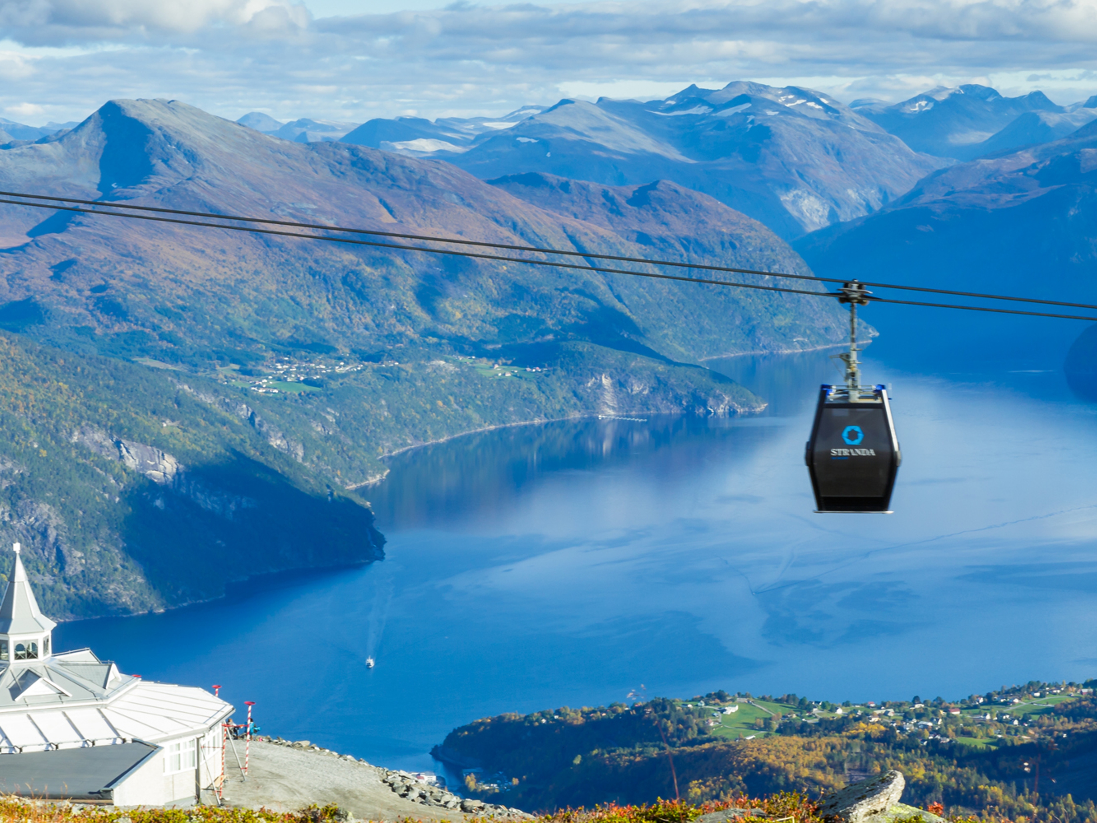 The gondola lift and the pavilion at Mount Strandafjellet in Fjord Norway