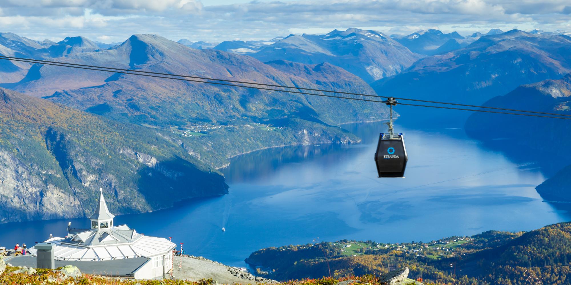 The gondola lift and the pavilion at Mount Strandafjellet in Fjord Norway