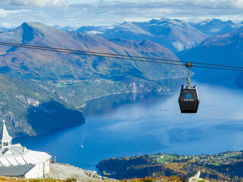 The gondola lift and the pavilion at Mount Strandafjellet in Fjord Norway