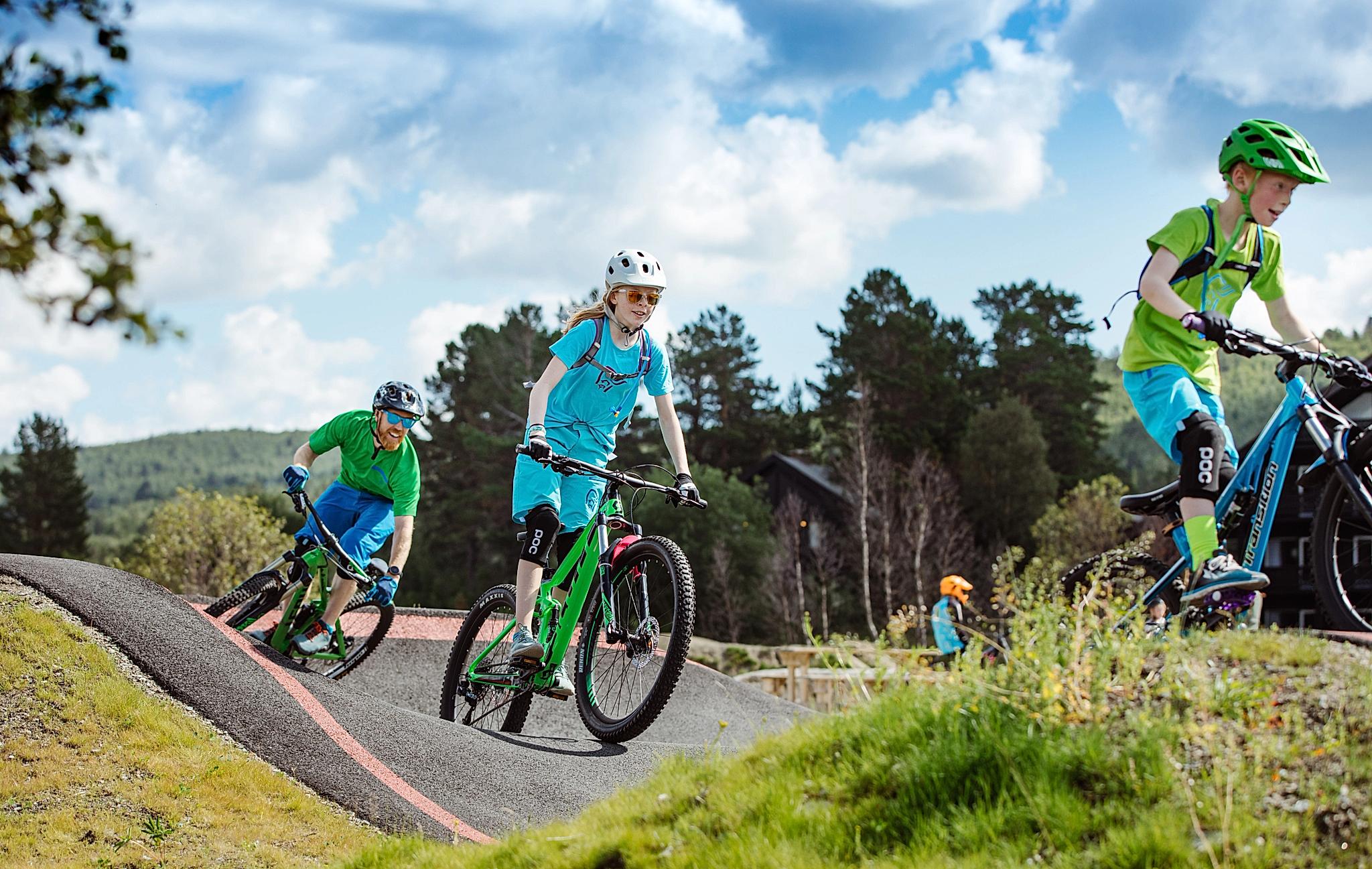 En familie på terrengsykling i Hallingdal på Østlandet