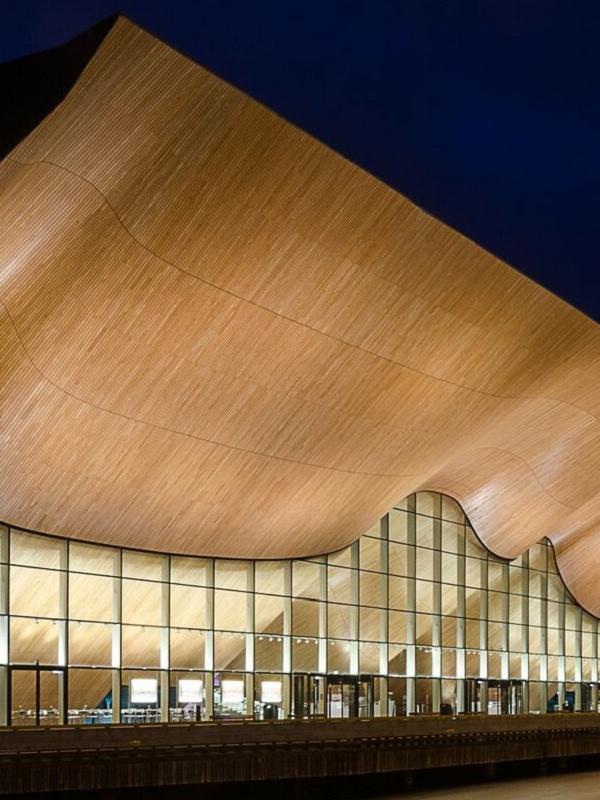 The Kilden Performing Arts centre in Kristiansand by nighttime
