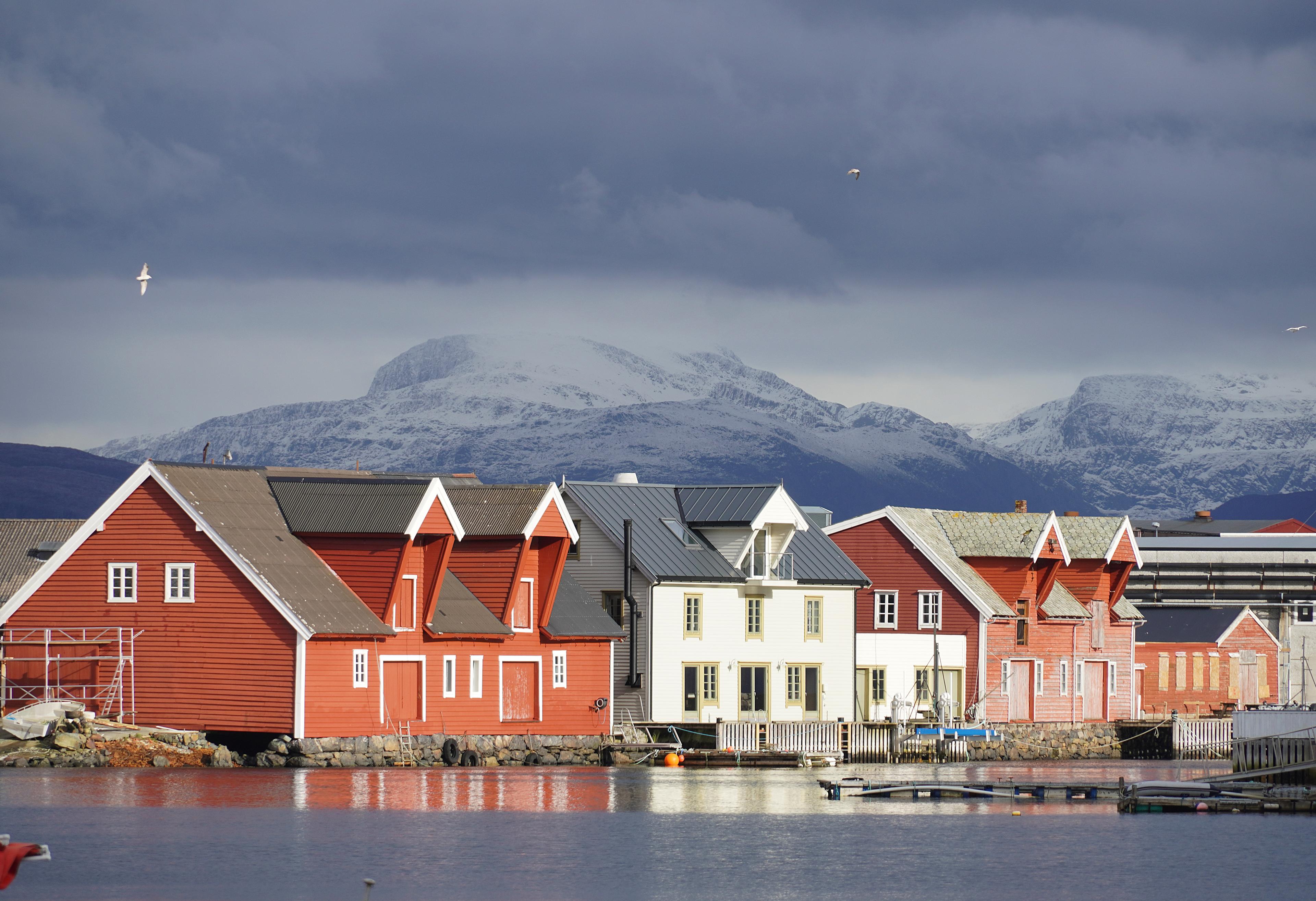 Wooden houses by the sea in Bremanger.