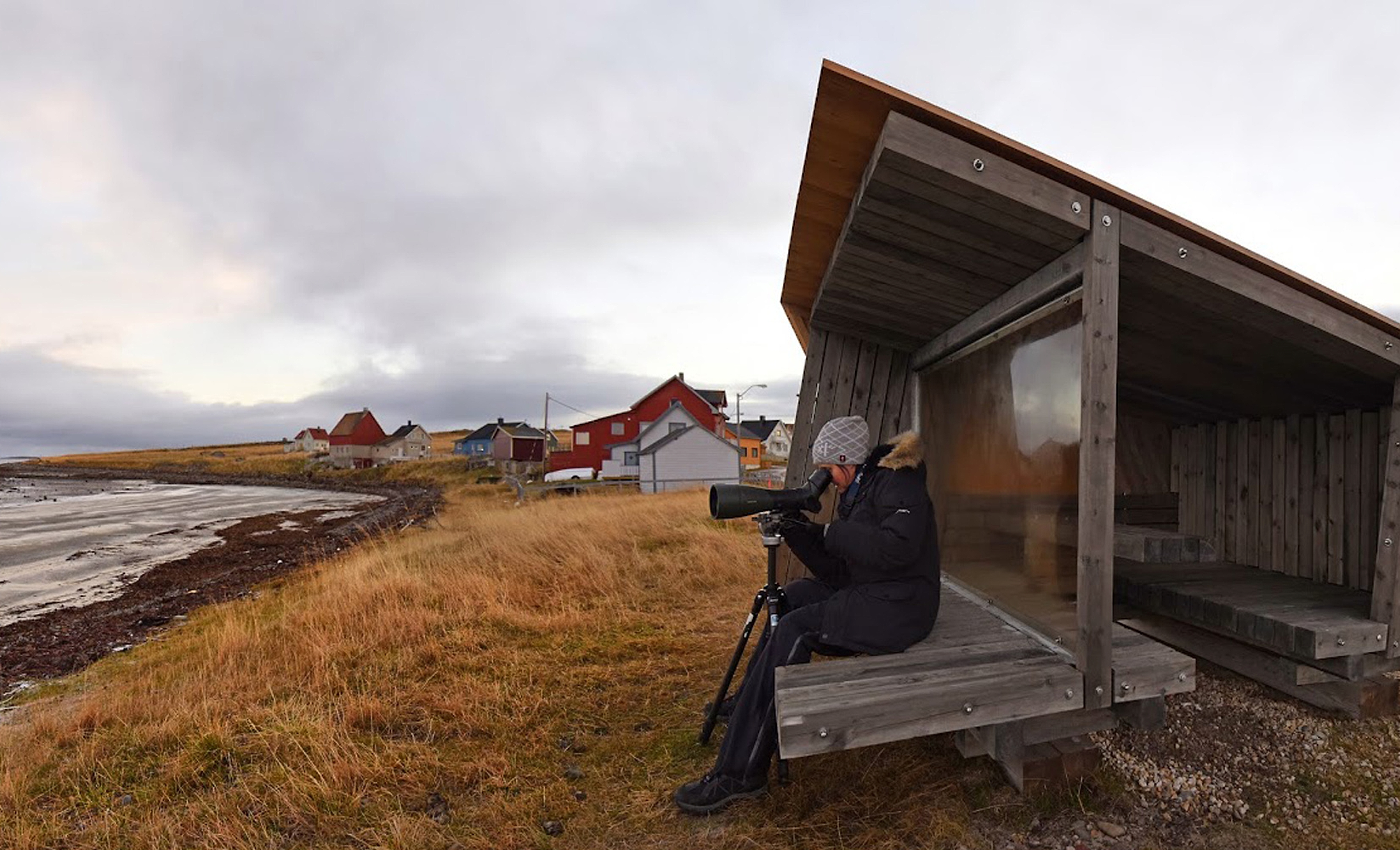 A person making pictures at a birdwatching shed near the water at Ekkerøy, Troms, Northern Norway