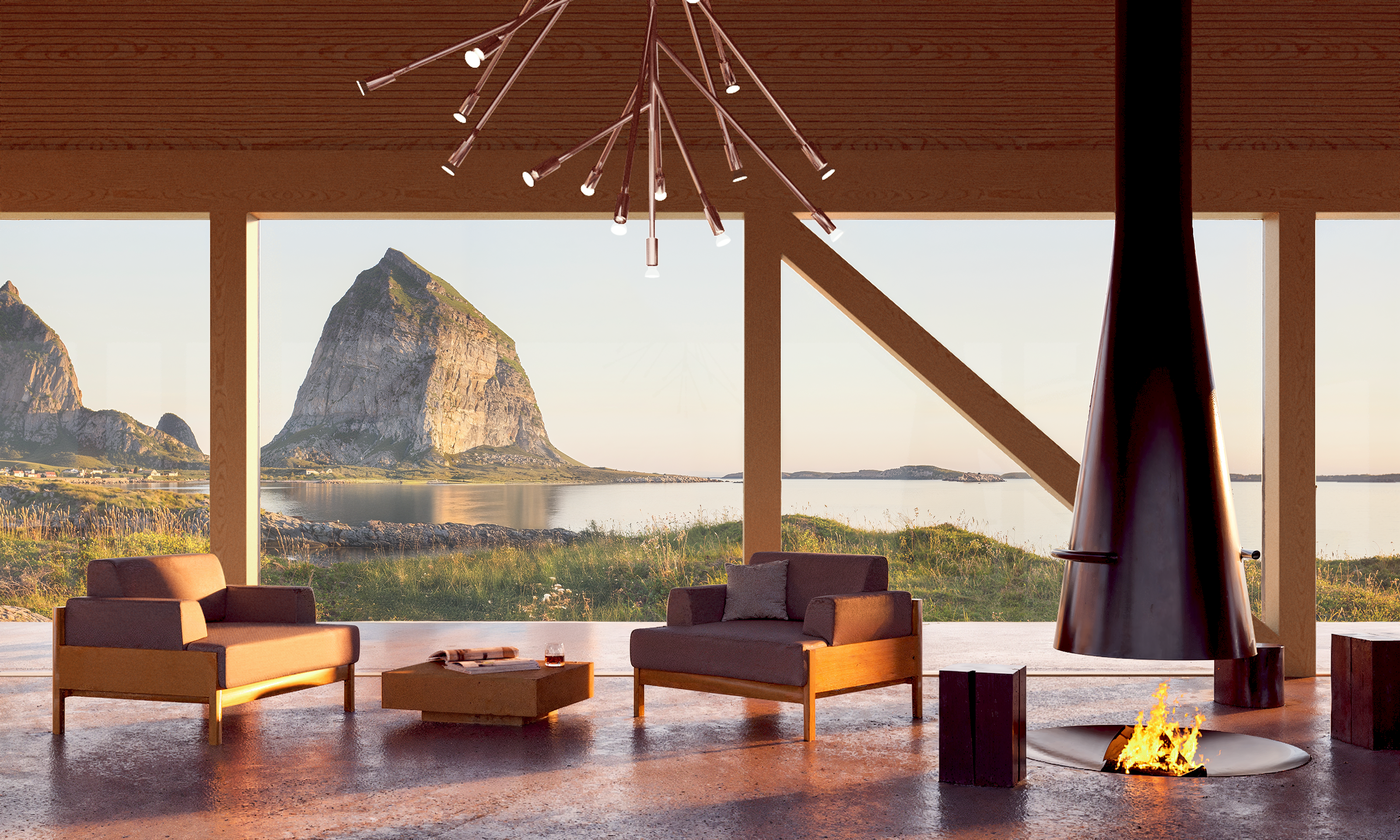 The lounge of Ytri resort at the Helgeland coast.