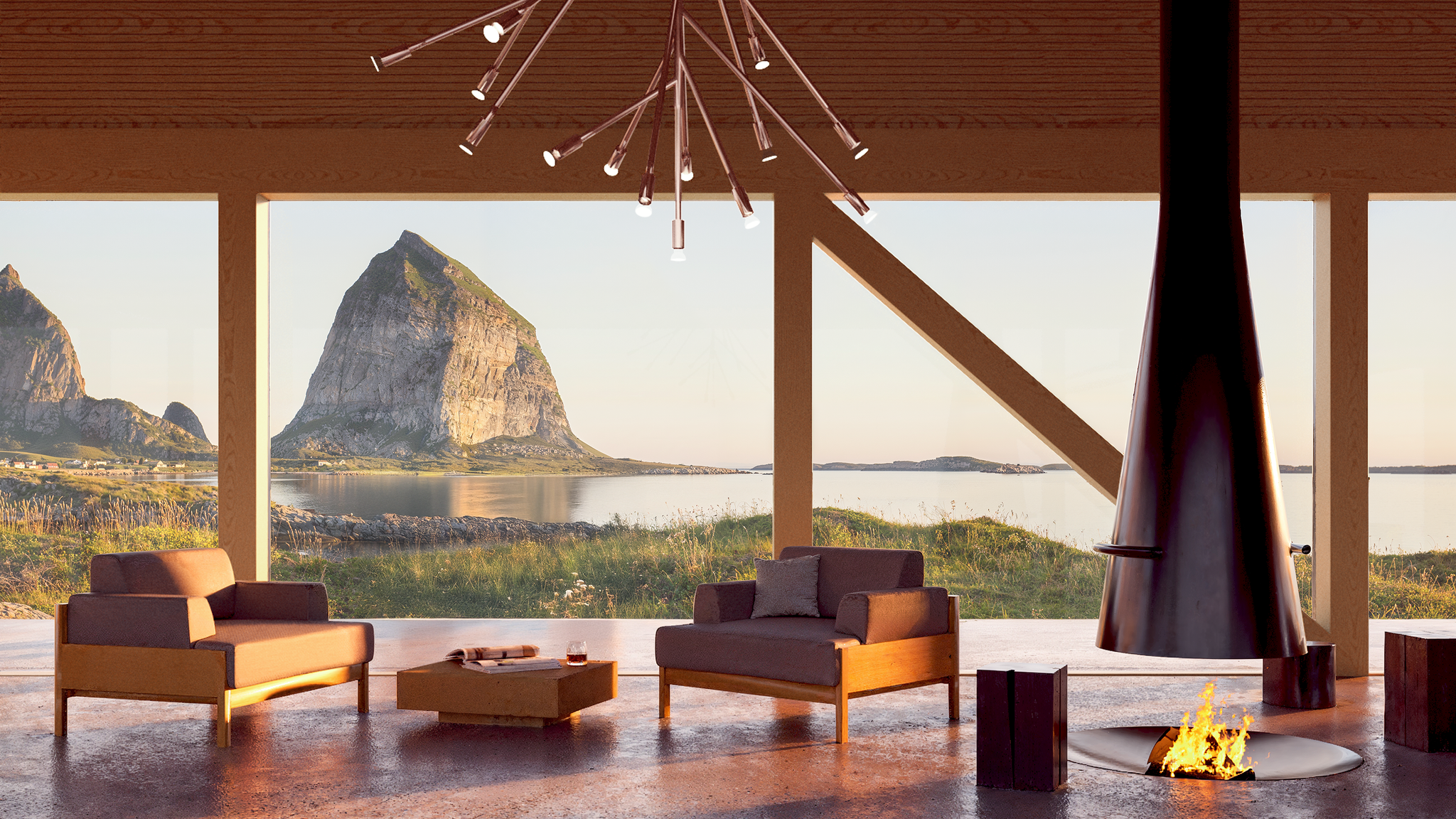 The lounge of Ytri resort at the Helgeland coast.