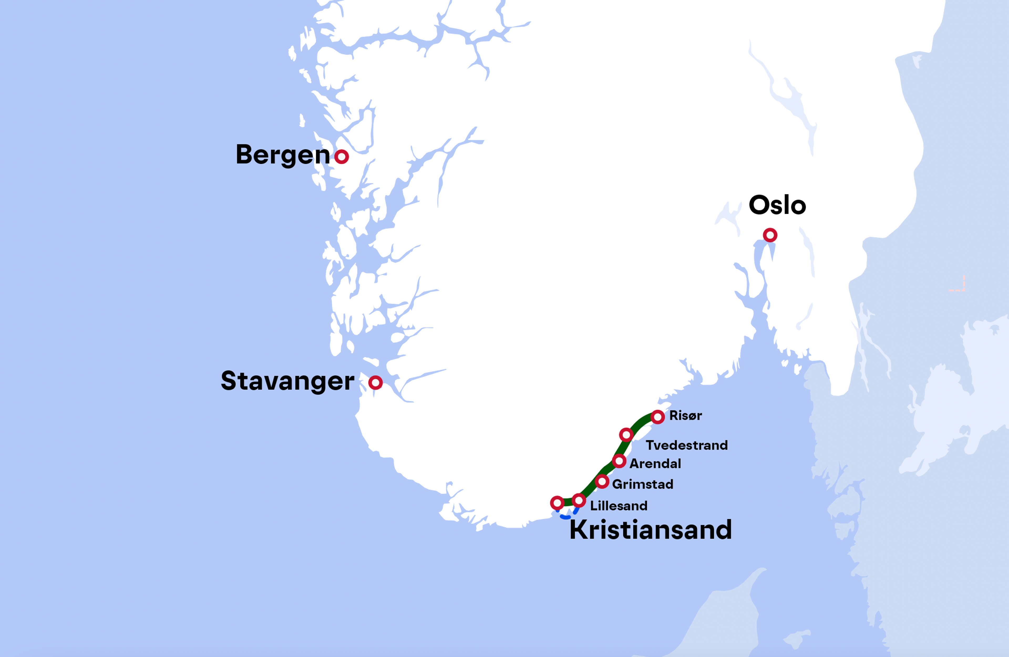 Map - Kristiansand - Lillesand - Grimstad - Arendal - Risør