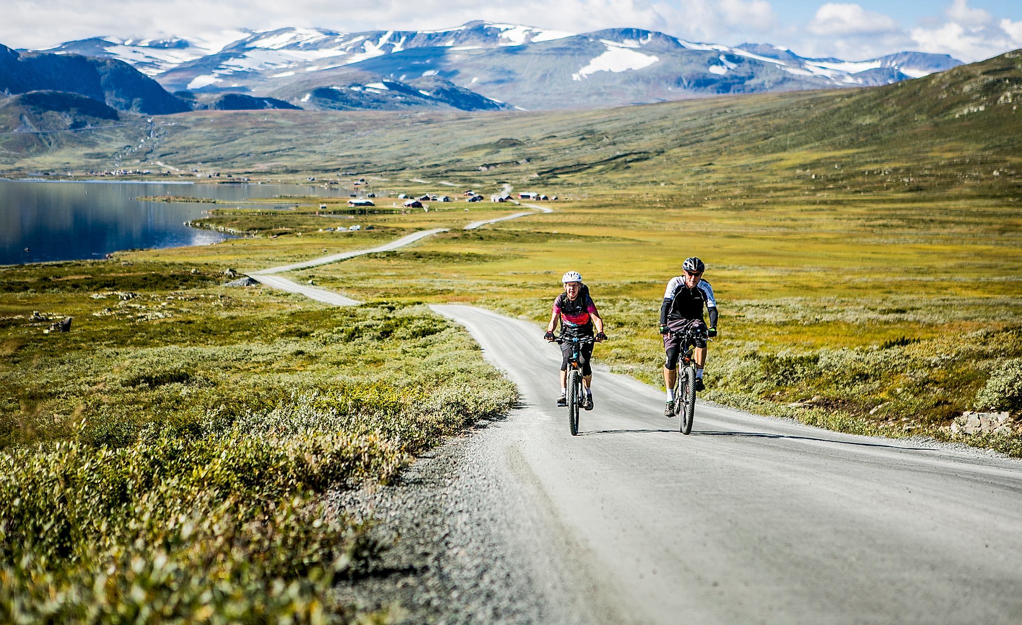 Ett par på cykelvägen Mjølkevegen i Valdres i regionen Østlandet (östra Norge)