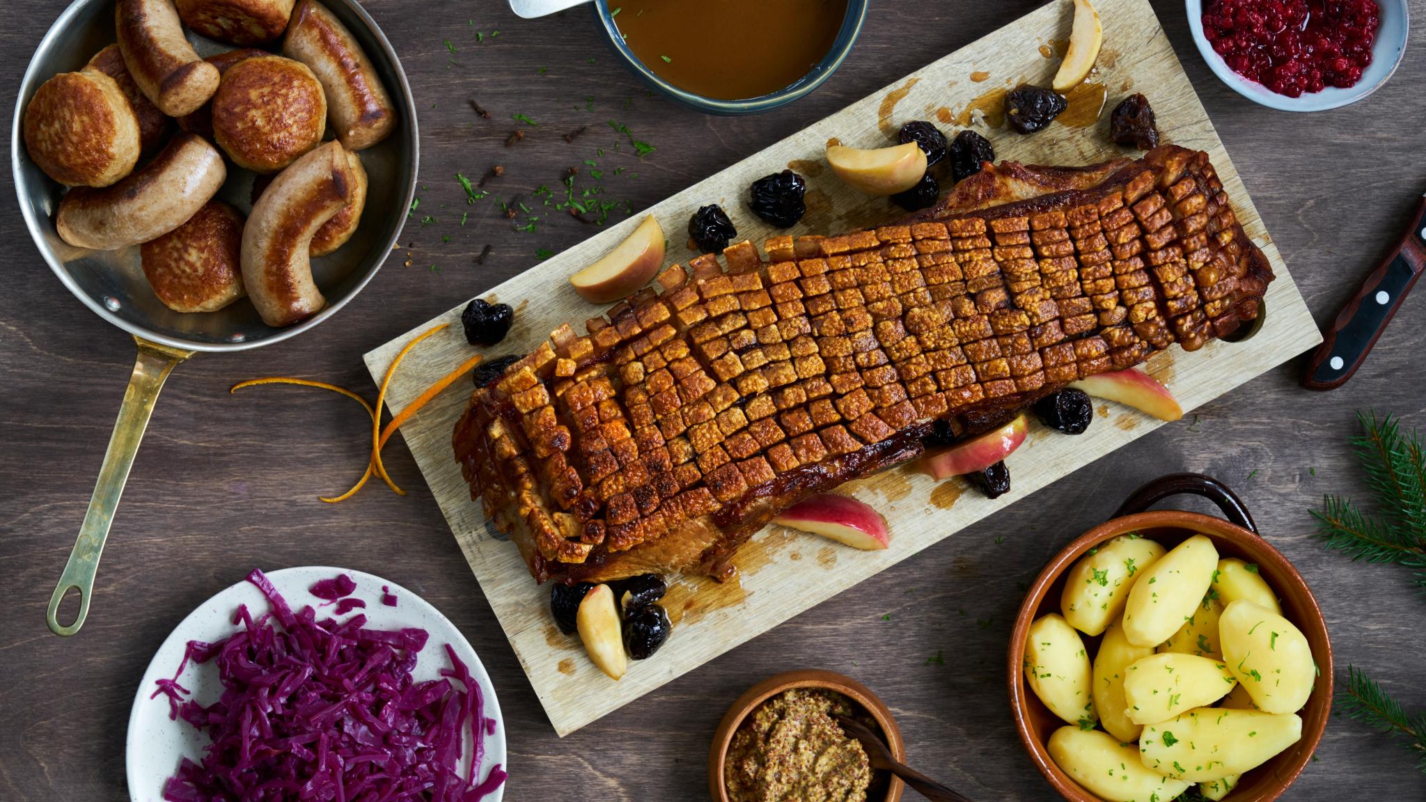 Pork belly roast with traditional side dishes