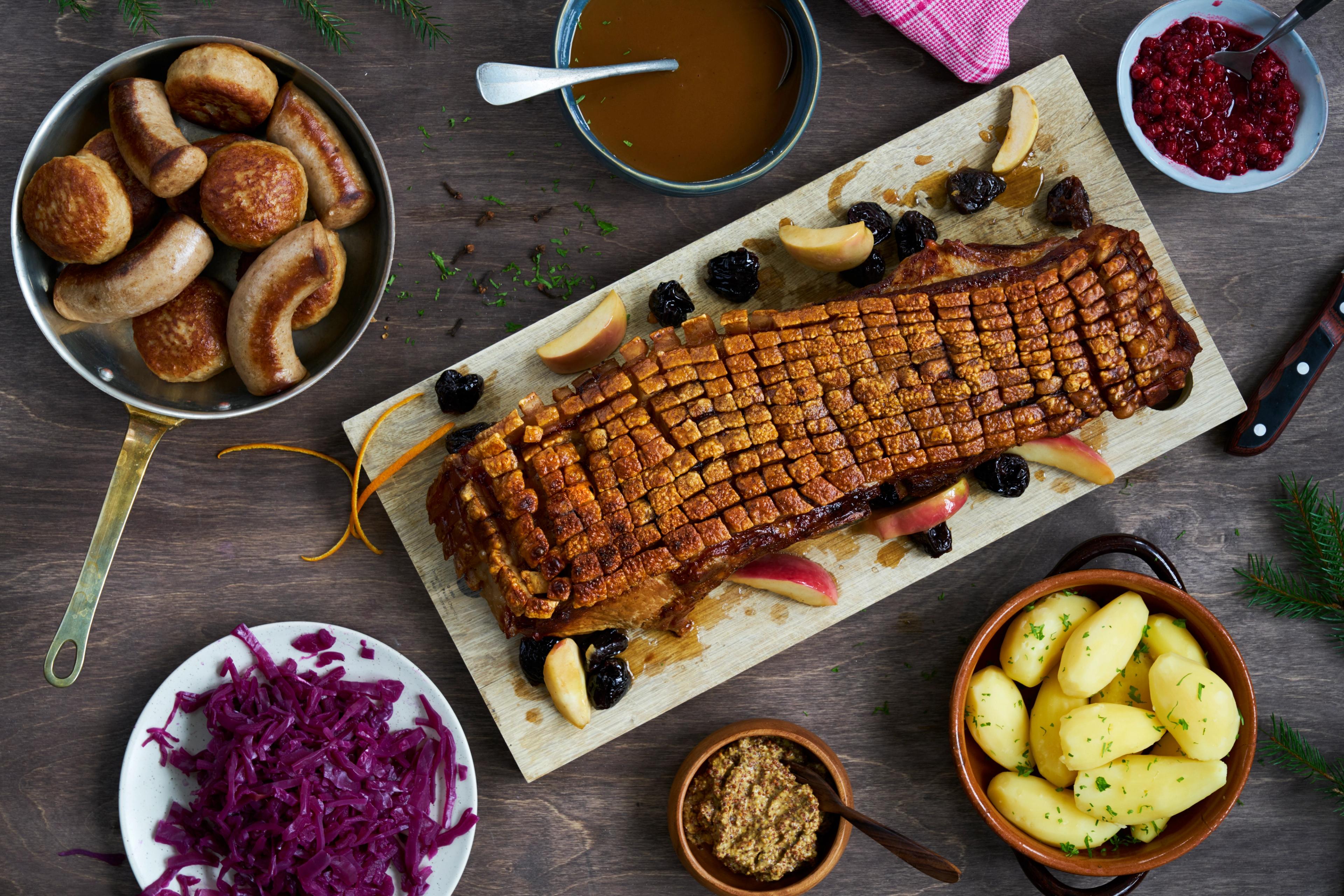 Pork belly roast with traditional side dishes