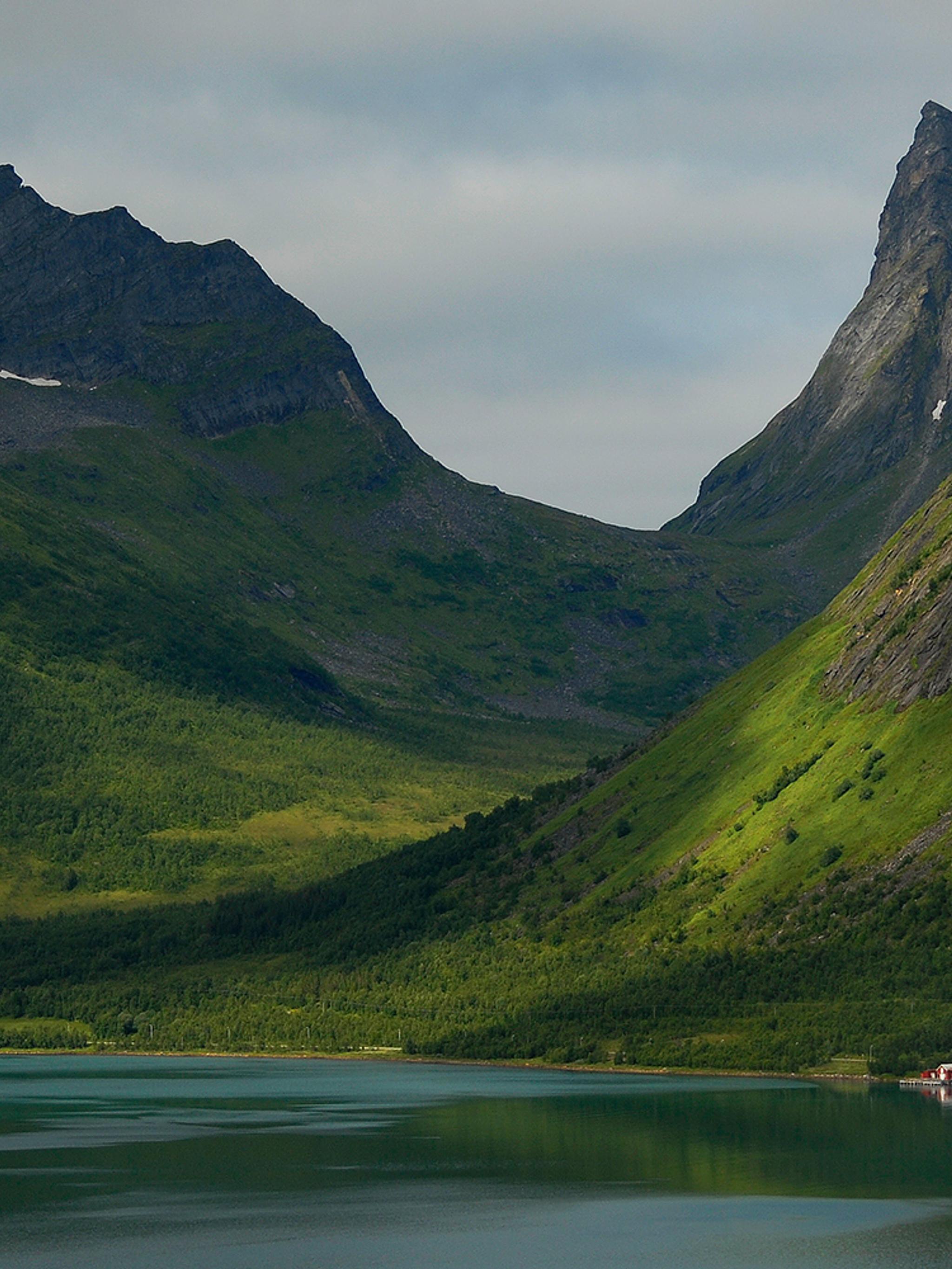 Bratte fjell i Senja som stiger opp fra sjøen