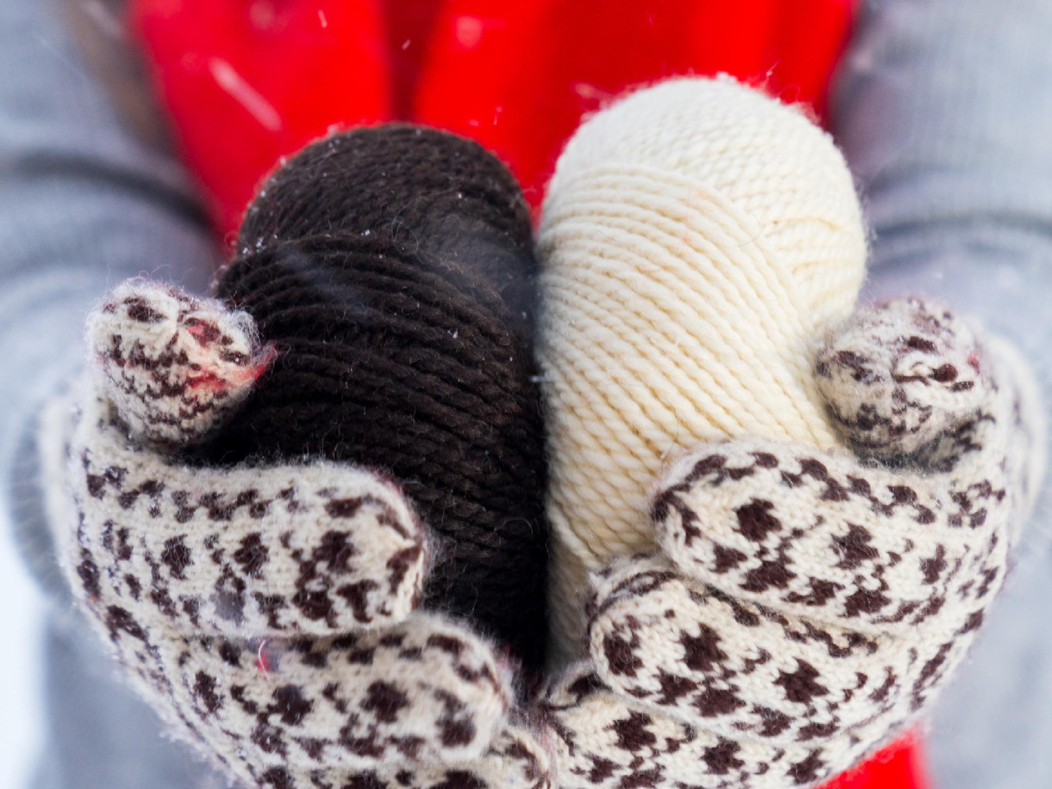 A woman holding yarn used to make Selbu mittens, Trøndelag, Norway.