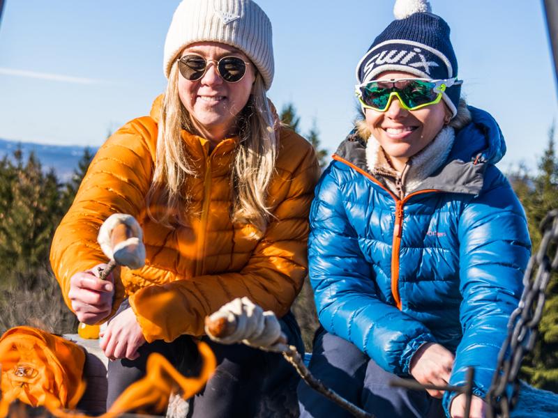 Personer lager pinnebrød på bålet ute i skogen, Grefsenkollen