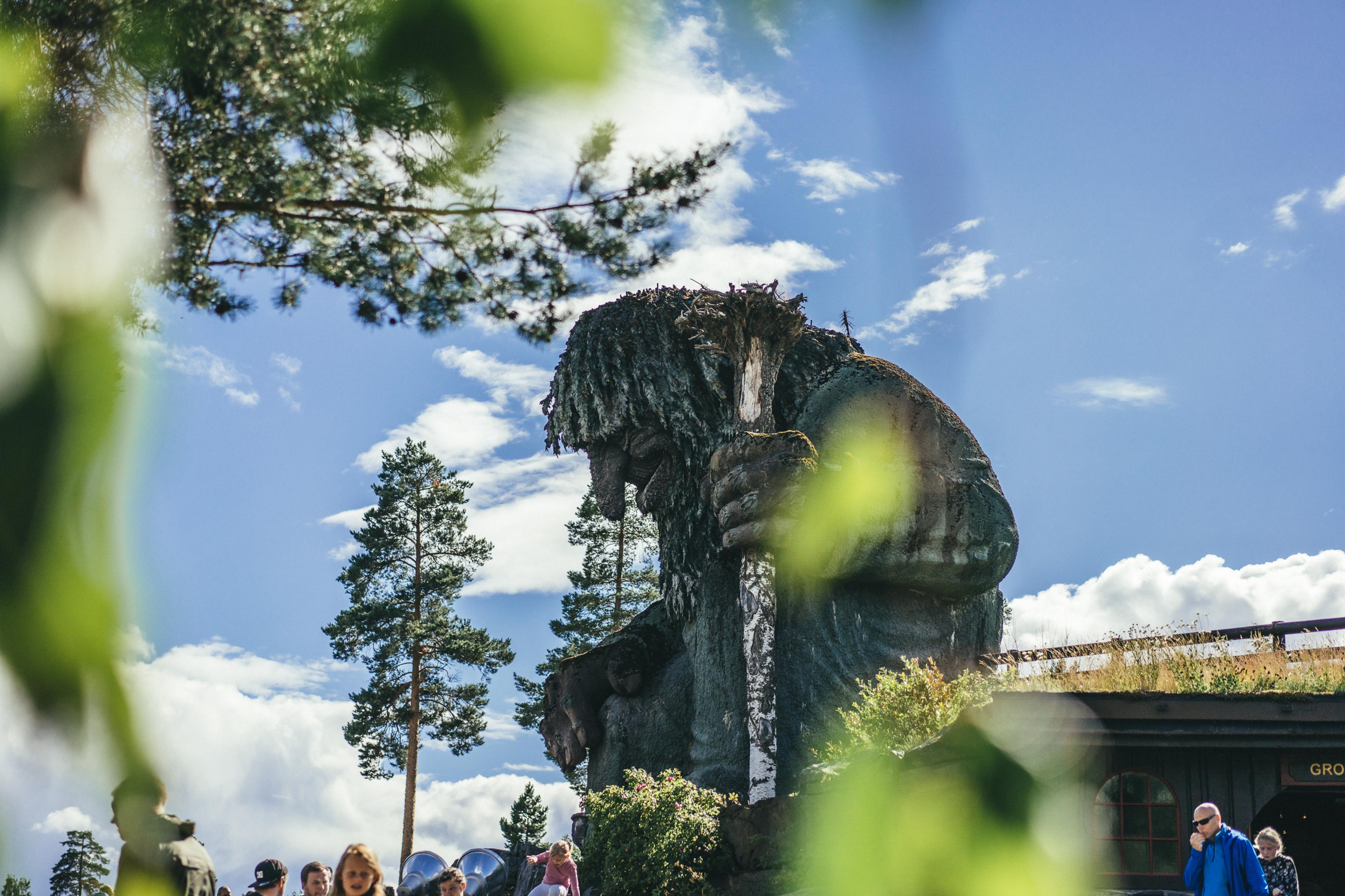 The Hunderfossen troll in Hunderfossen fairytale park on a sunny day
