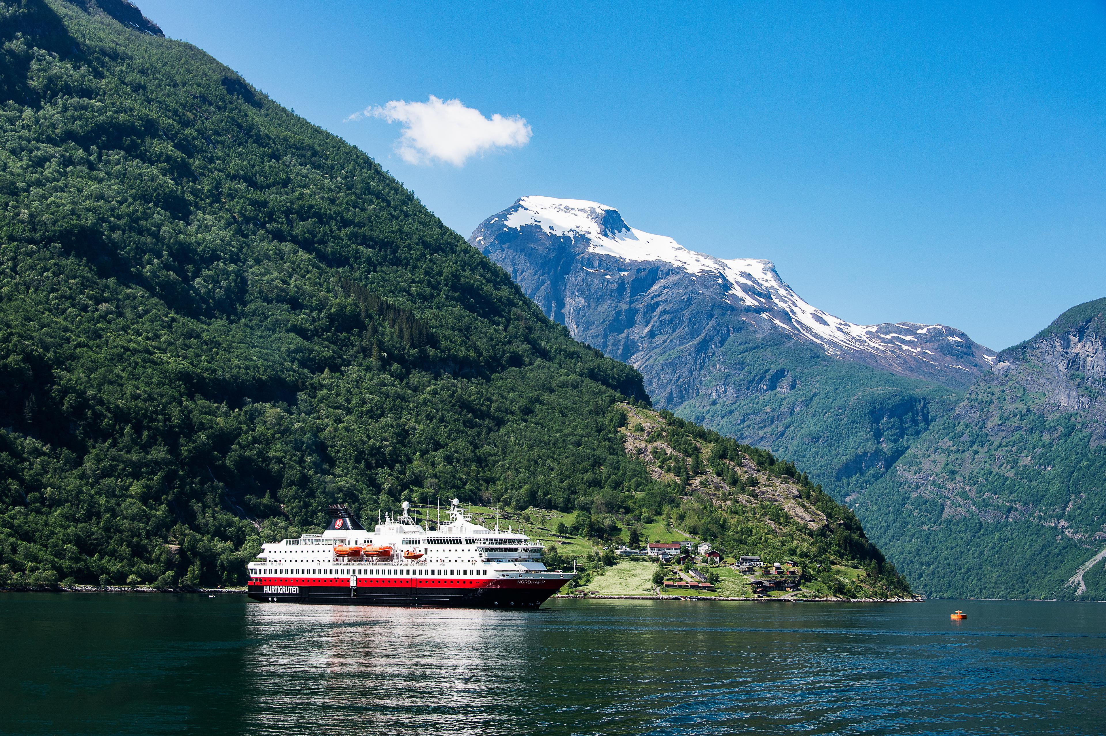 The Hurtigruten ship MS Nordkapp in Geirangerfjord in Fjord Norway