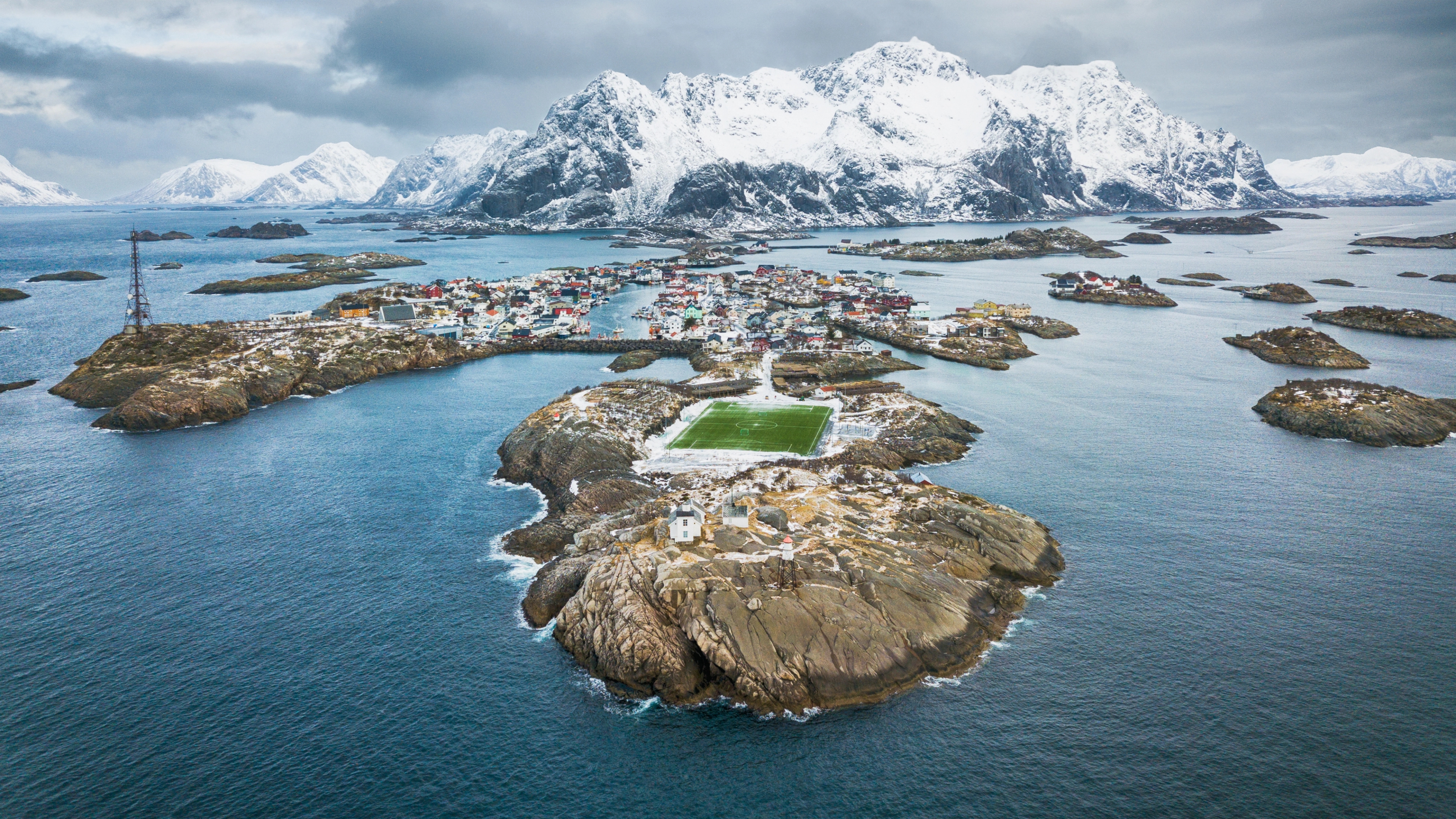 A bird's view of the rugged coastline in Henningsvær in Northern Norway