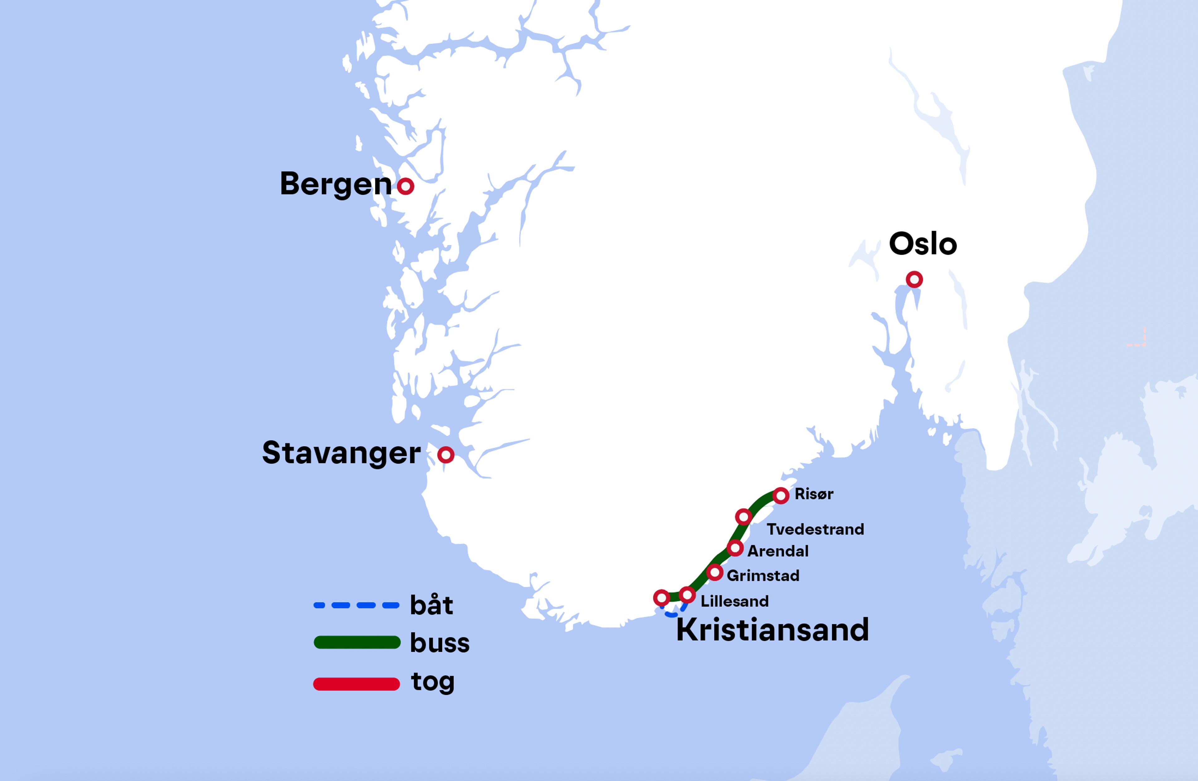Kart - Kristansand - Lillesand - Grimstad - Arendal - Risør