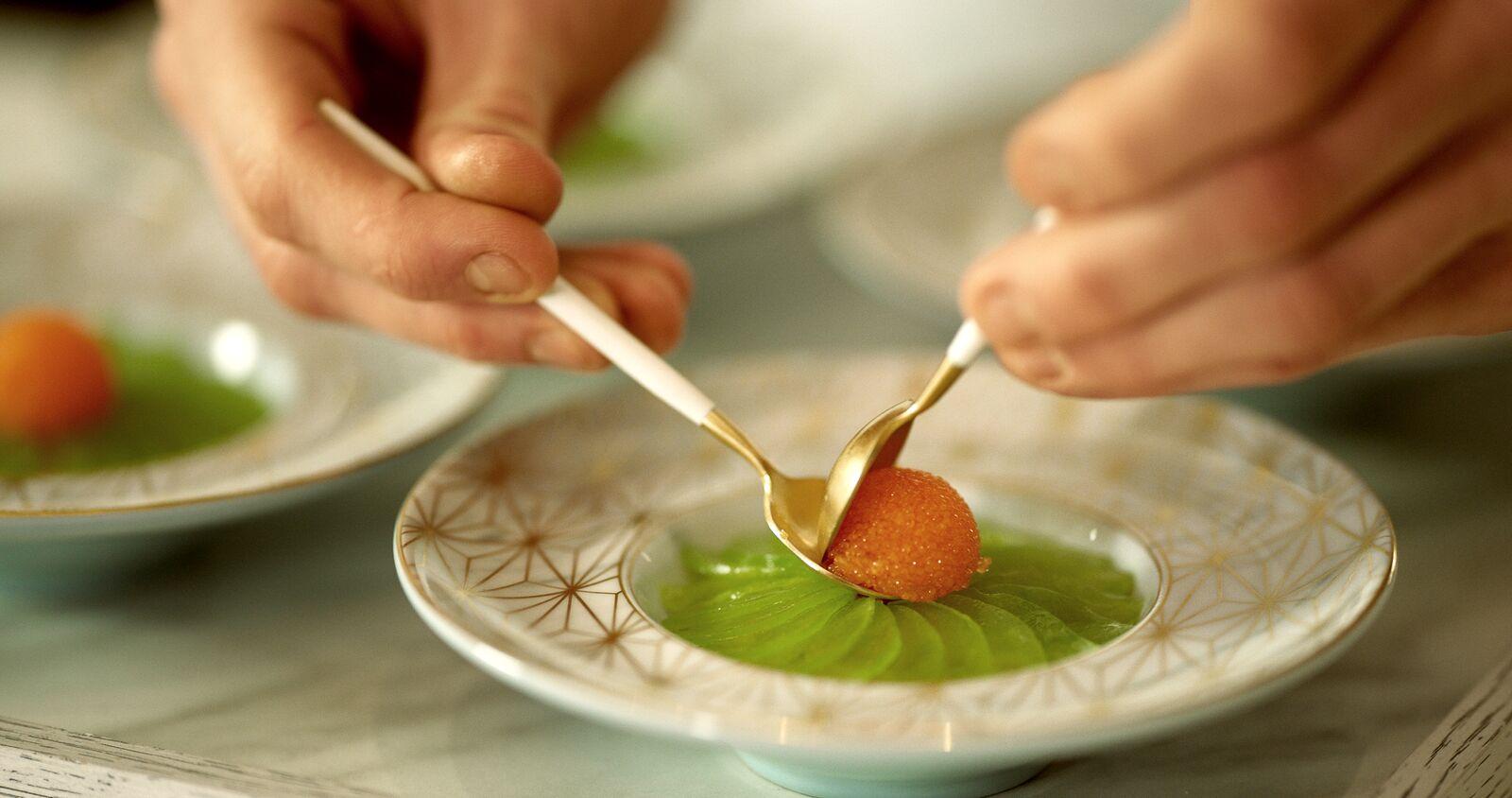 Beautiful decoration of caviar plate
