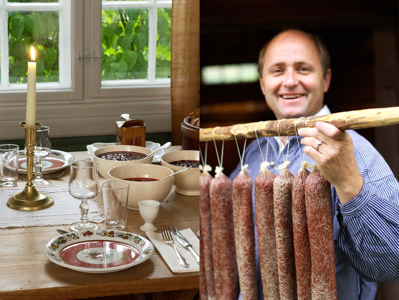 Breakfast at the hotel Sygard Grytting and a man holding sausages.