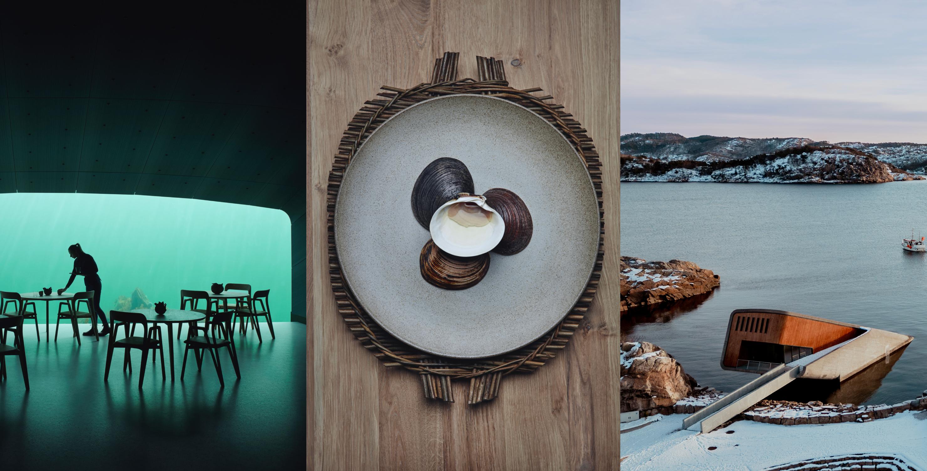 Interior, food and exterior of Under restaurant