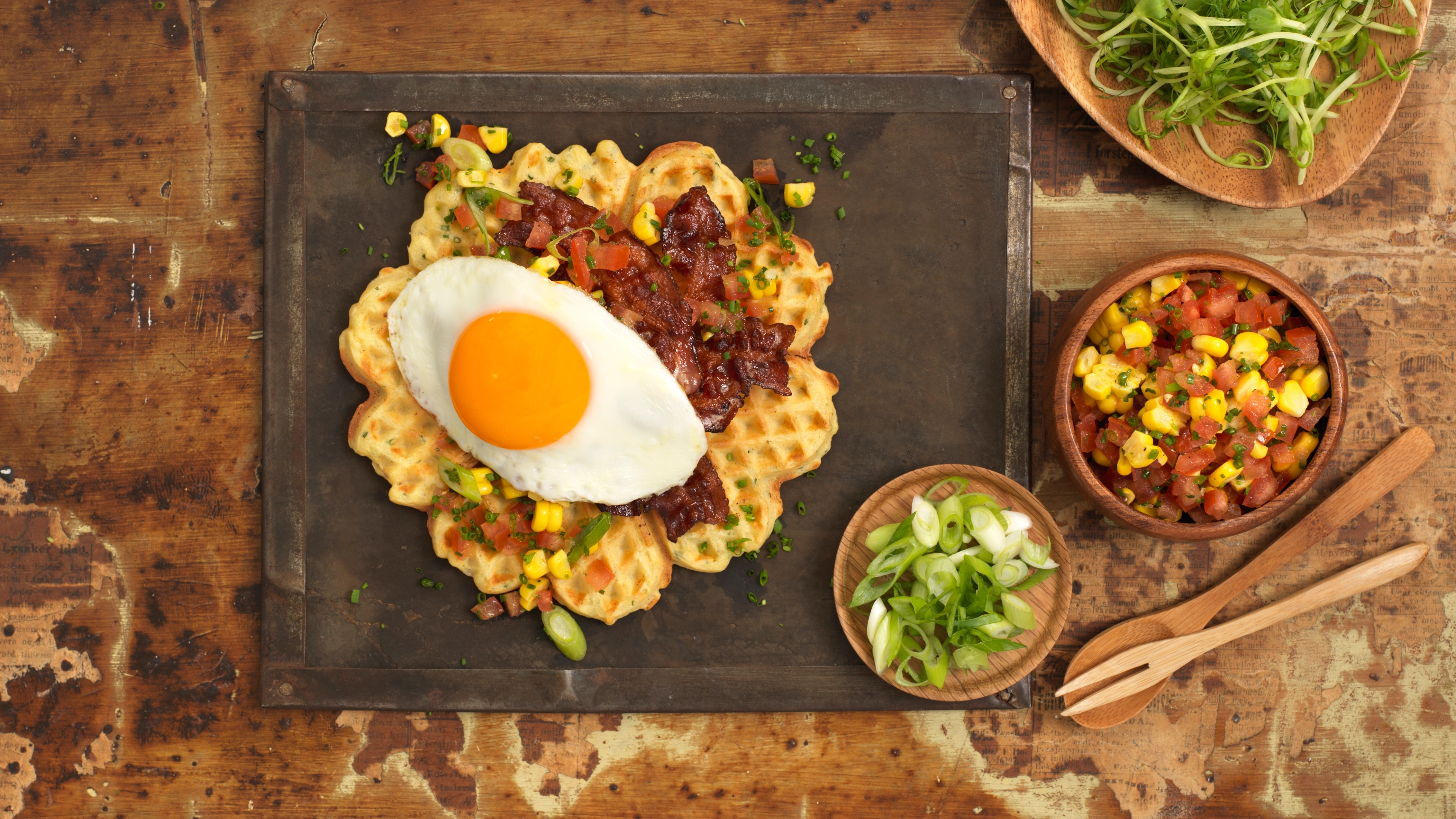 A plate with waffle with egg and bacon and some side dishes