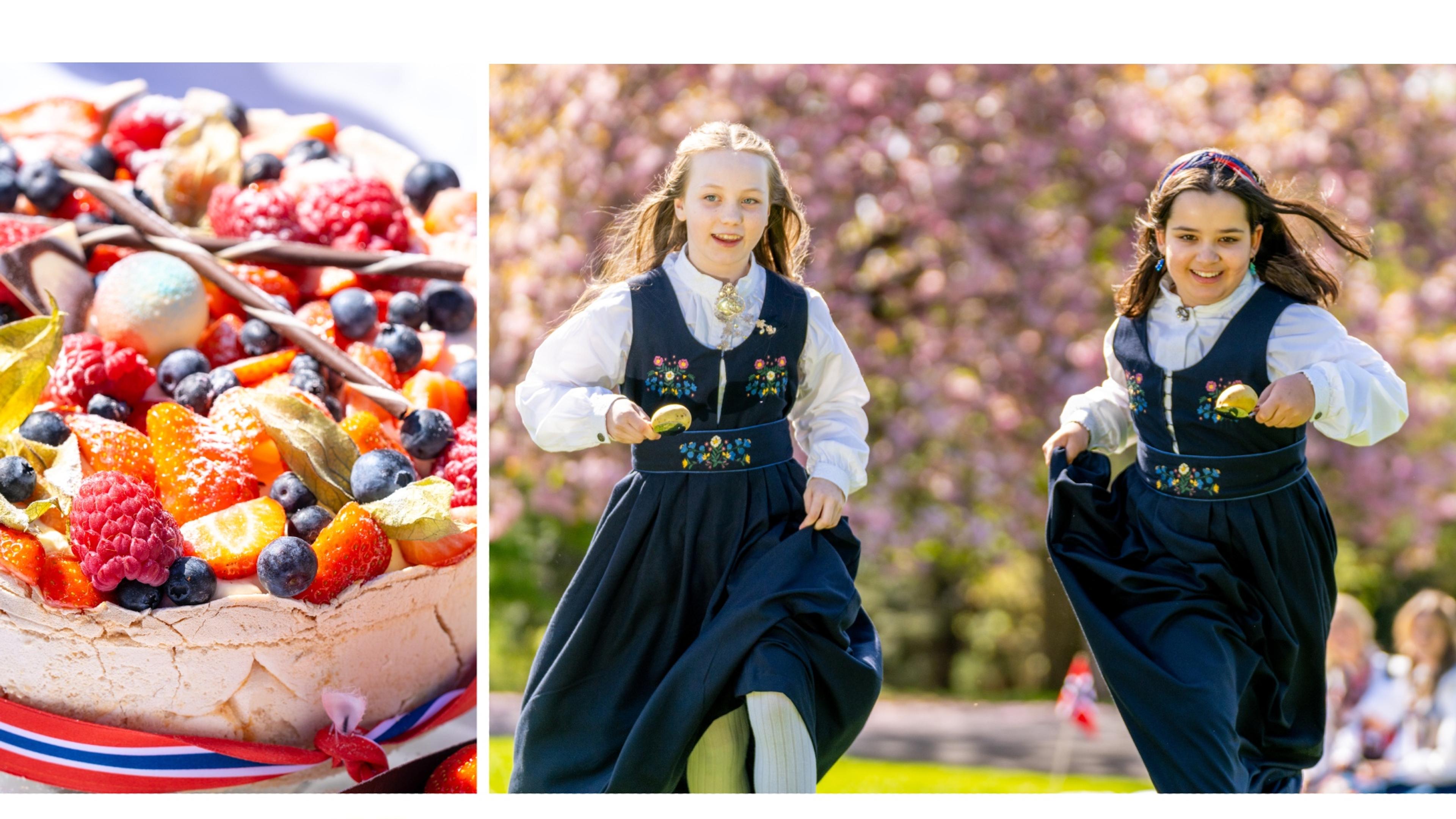 A collage with a cake and two girls celebrating Norways constitution day, May 17th