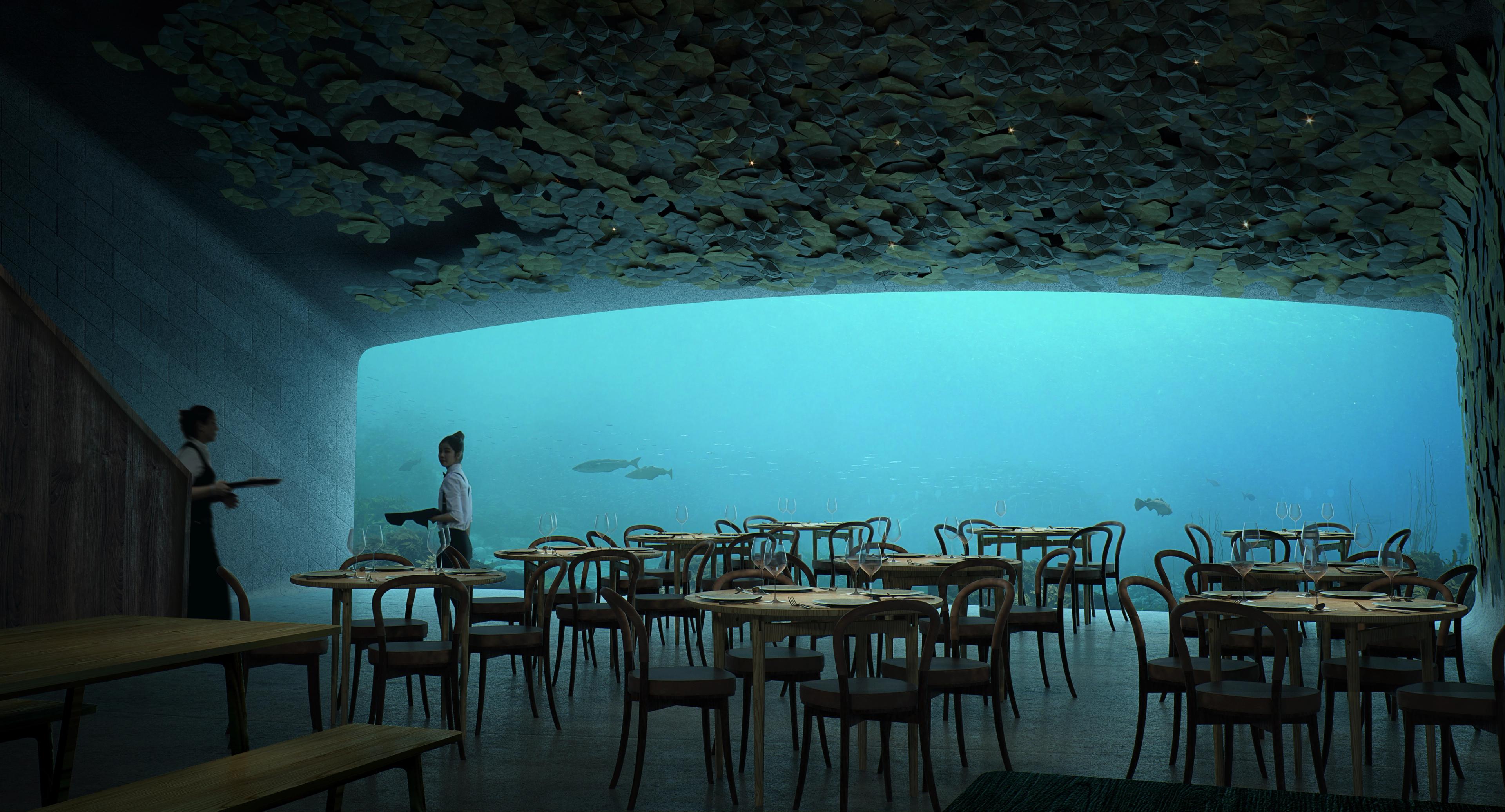 Inside the underwater restaurant Under in Lindesnes, Southern Norway
