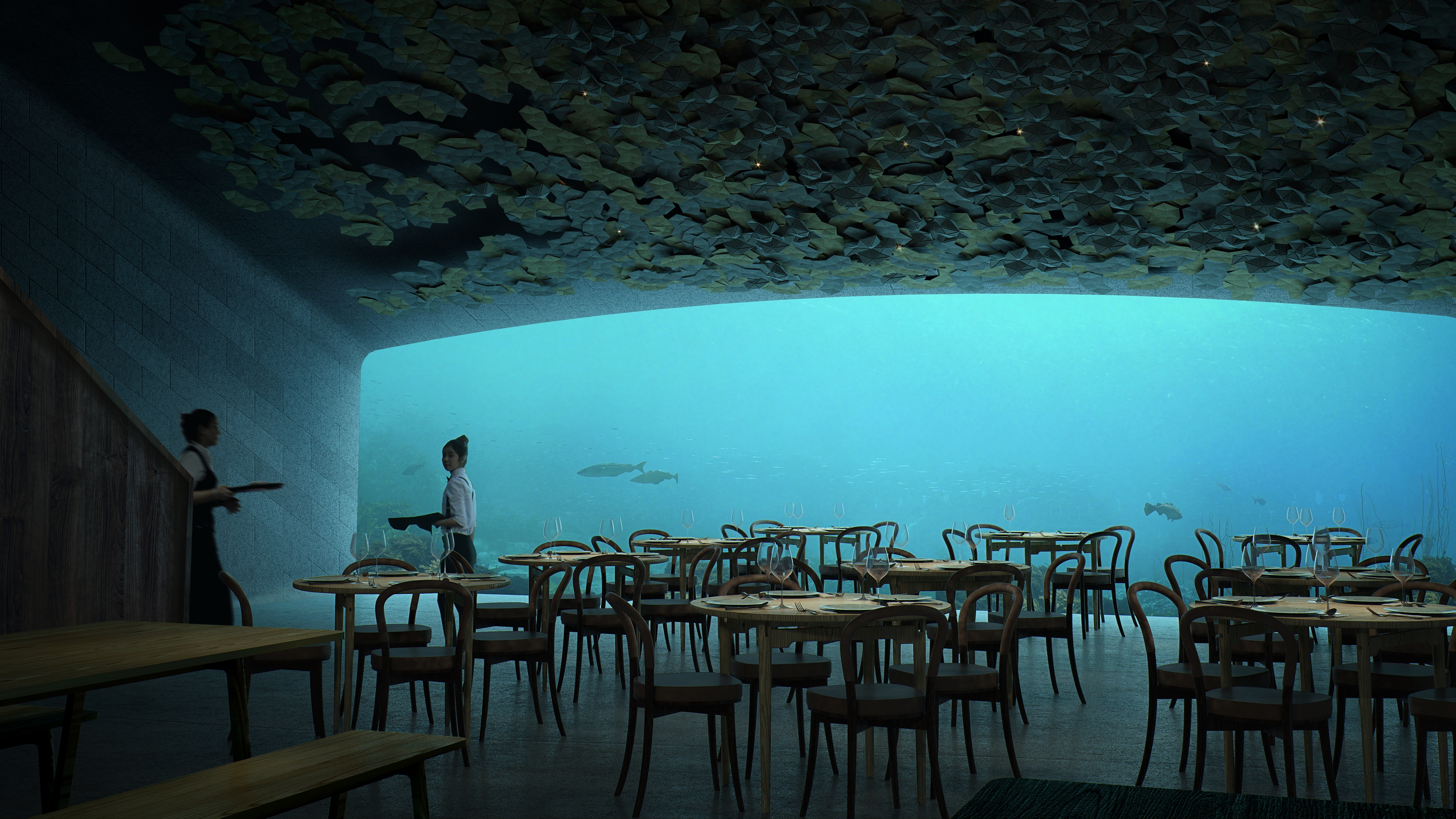 Inside the underwater restaurant Under in Lindesnes, Southern Norway
