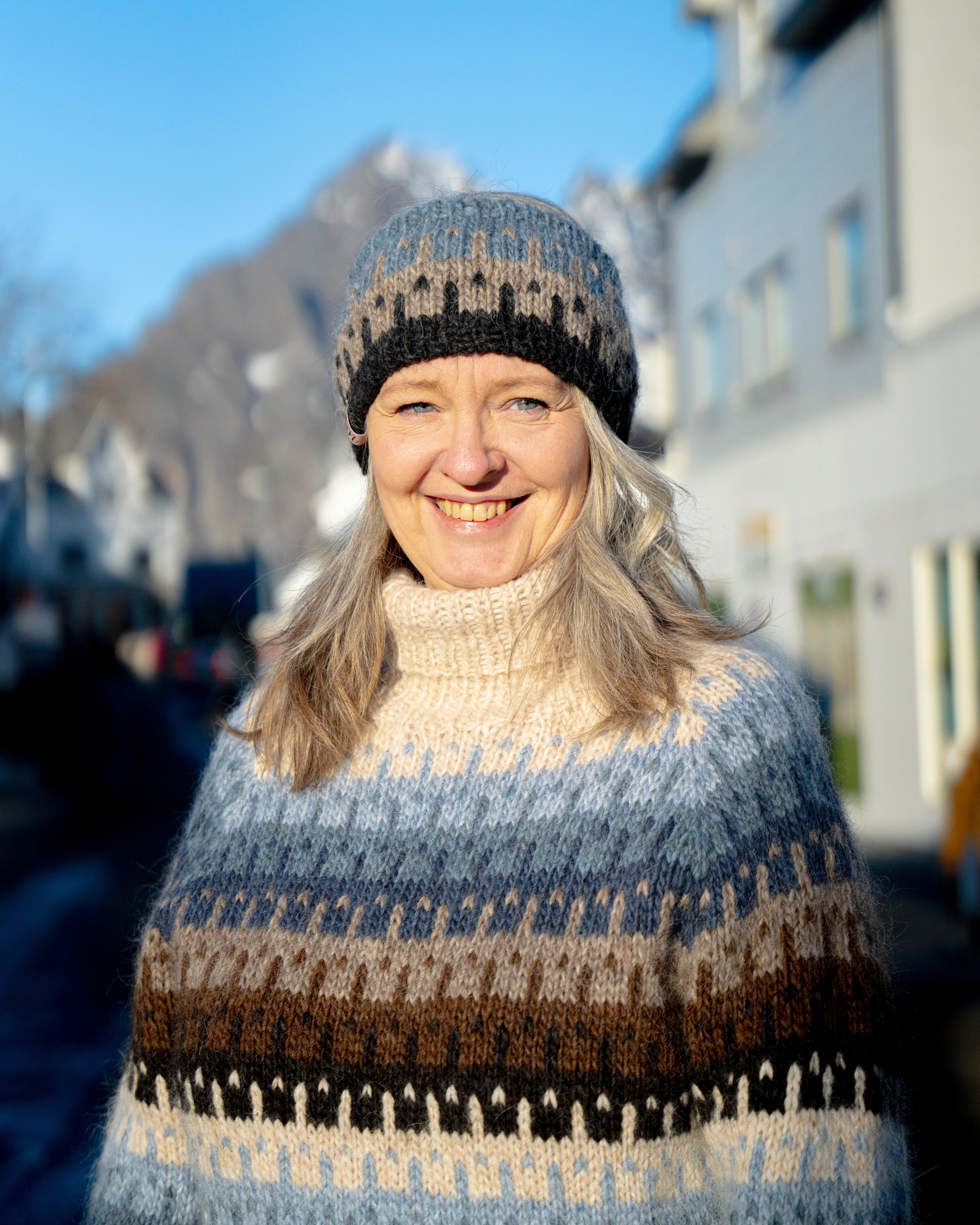 Woman wearing a self knitted Henningsvær genser, Northern Norway