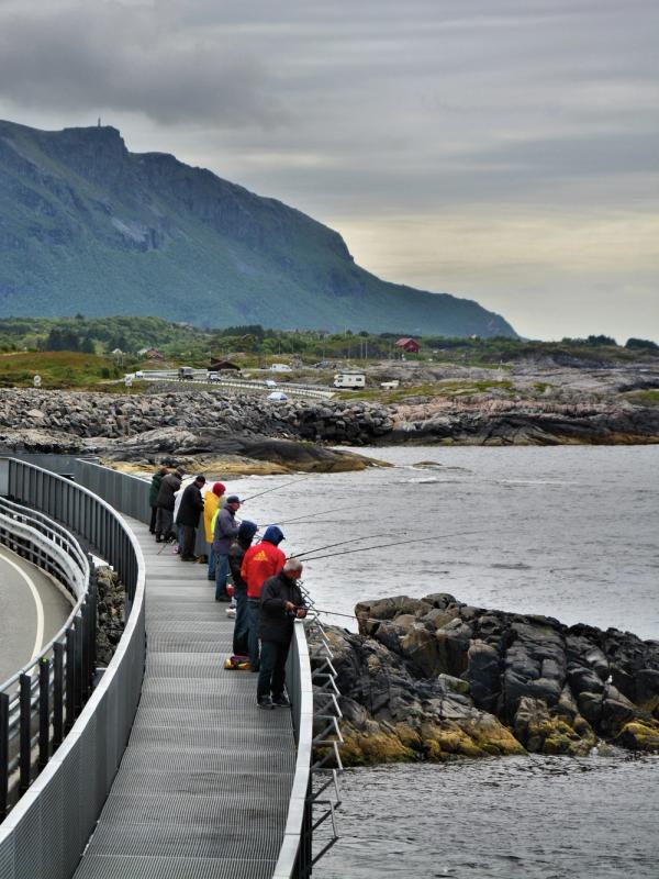 Un grupo de pescadores espera a que pique algún pez desde el puente de Myrbærholm, en la Carretera del Atlántico, la Noruega de los fiordos.