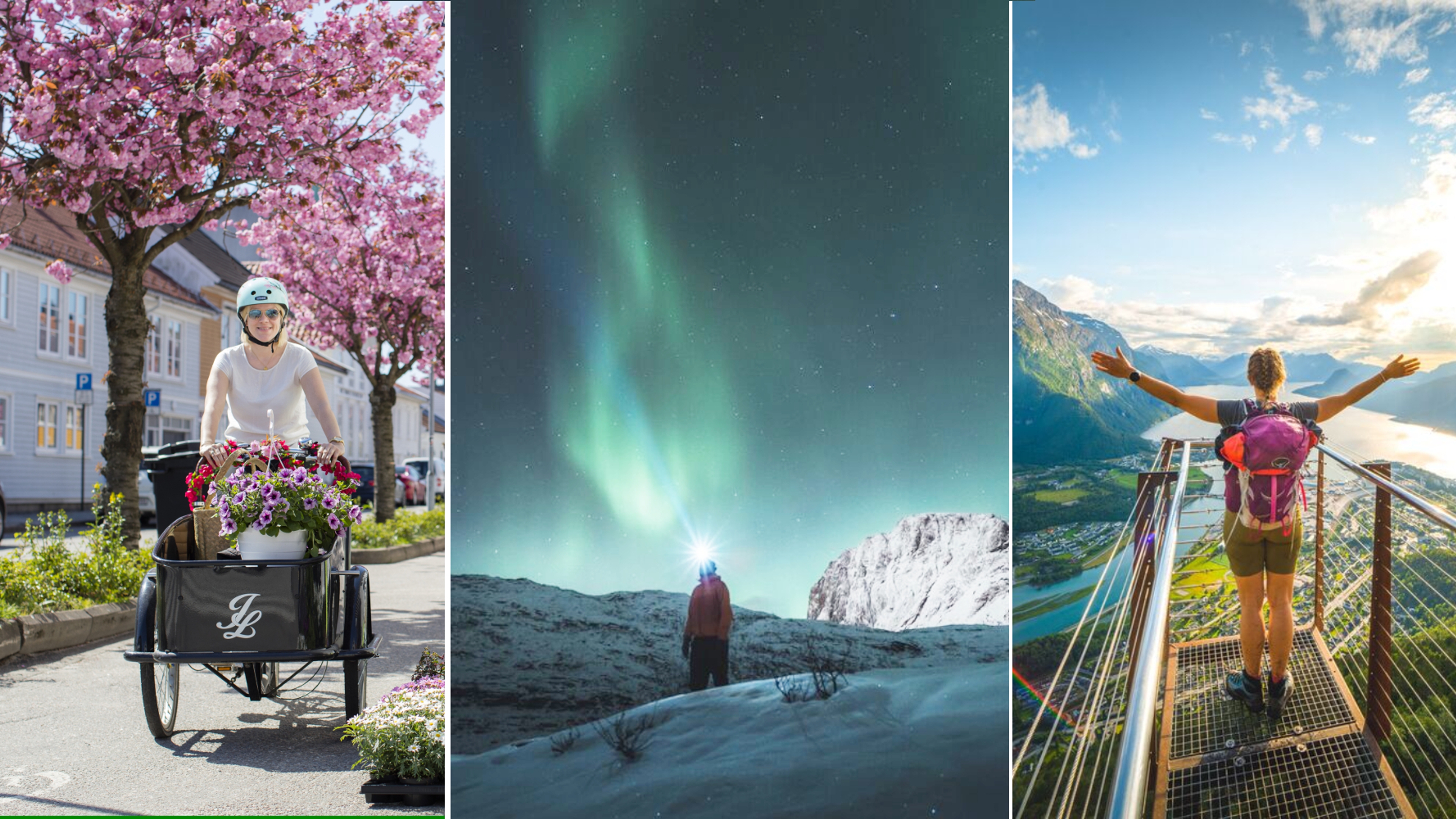 Biking in Kristiansand, northern lights over Senja, The Rampestreken viewpoint in Åndalsnes