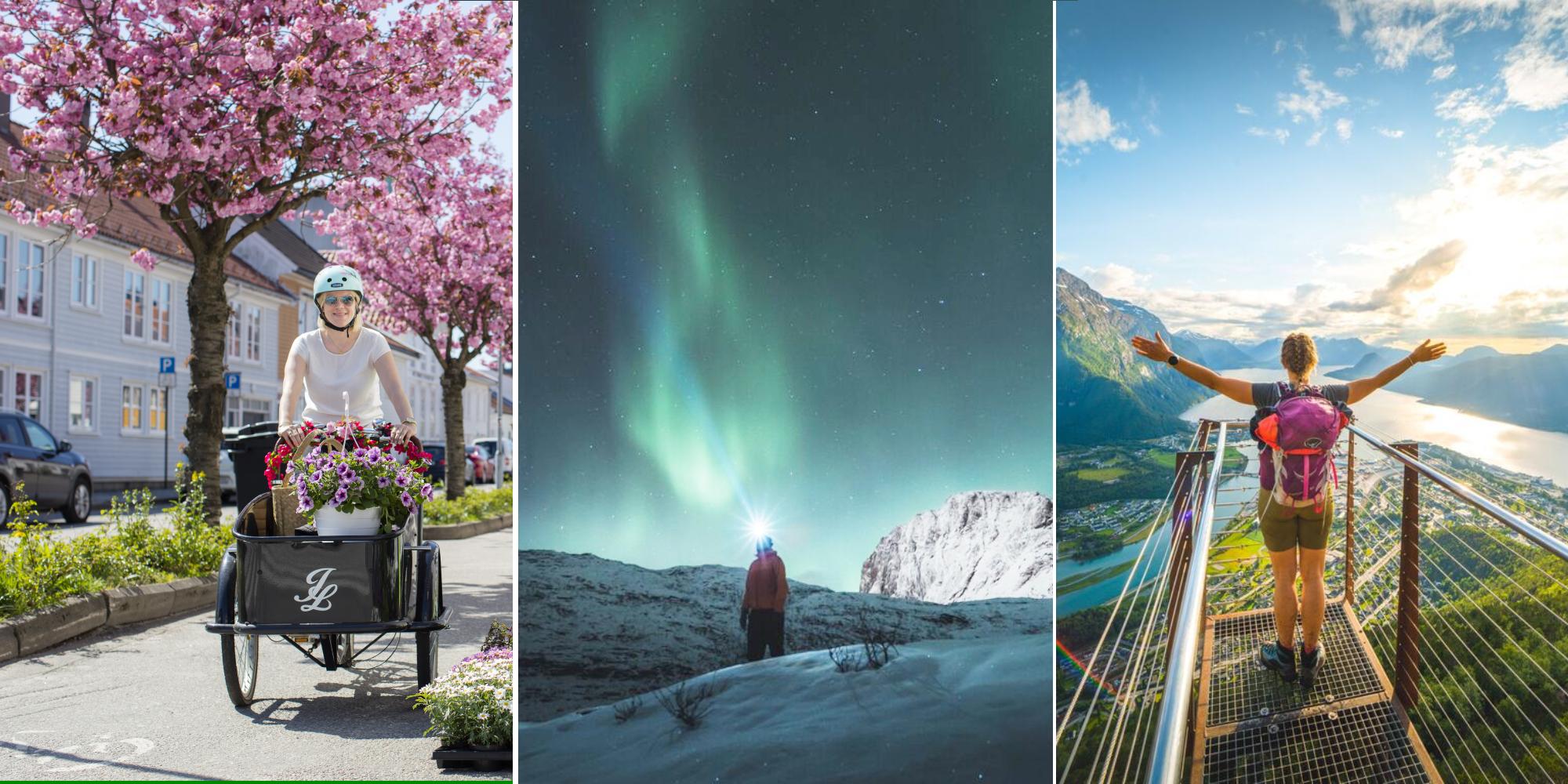Biking in Kristiansand, northern lights over Senja, The Rampestreken viewpoint in Åndalsnes