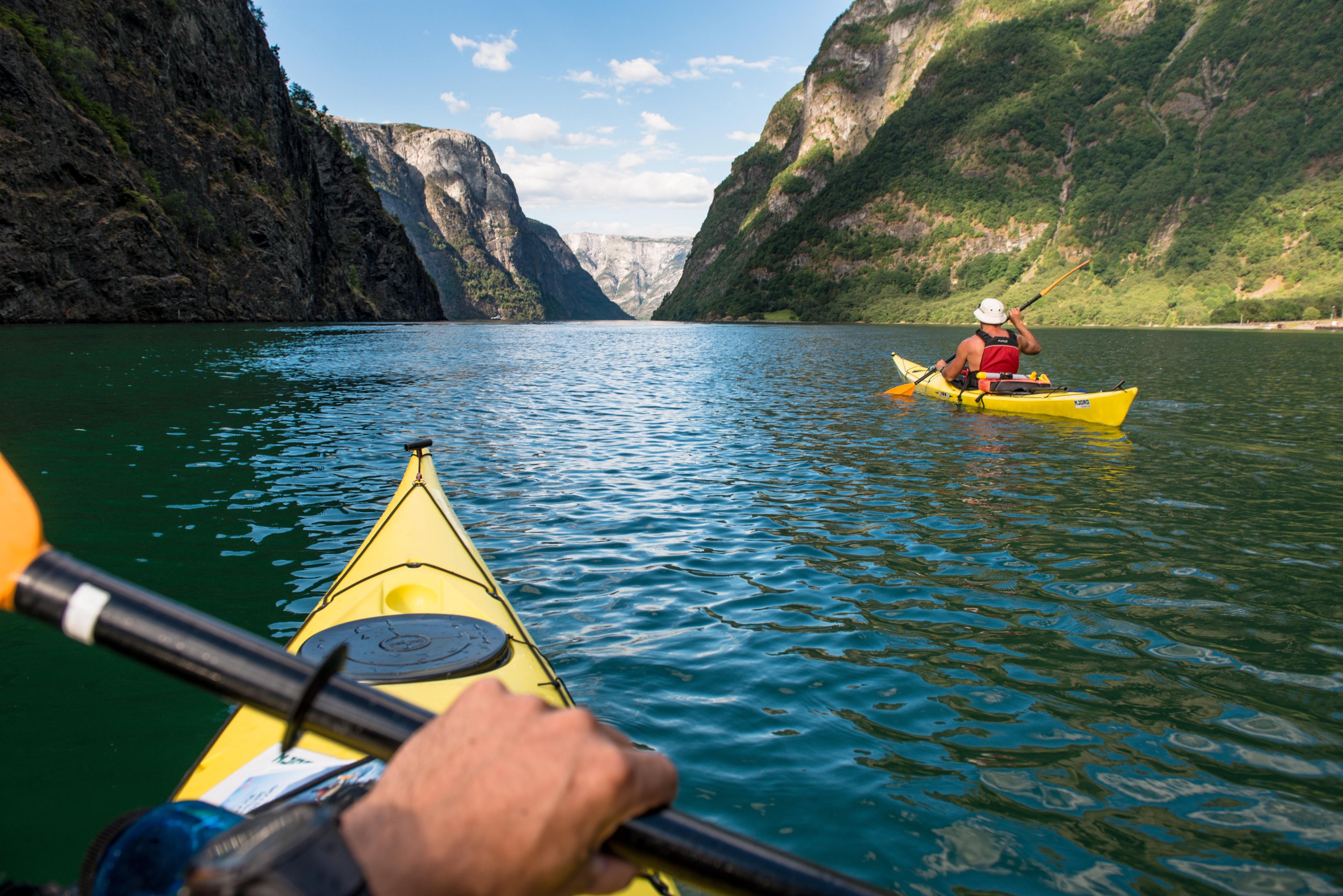 Kayaking in spectaculare landscape in Nærøyfjorden, Flåm