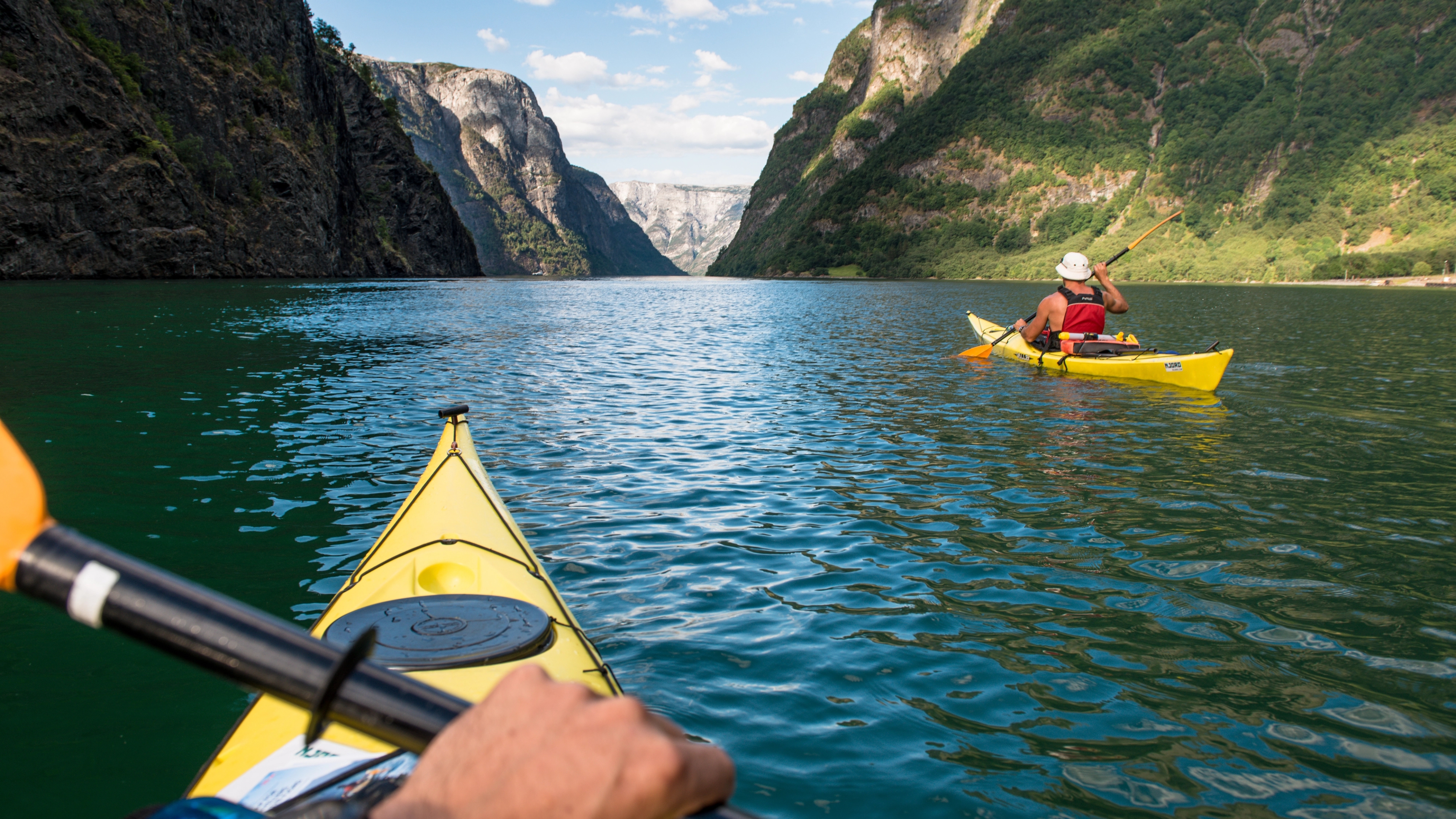 Kayaking in spectaculare landscape in Nærøyfjorden, Flåm