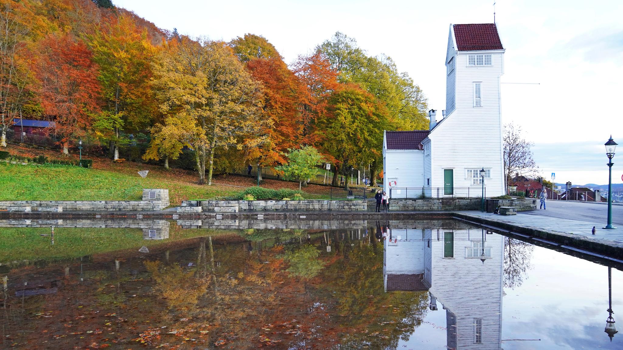 Two people with an umbrella in a autumn forest.