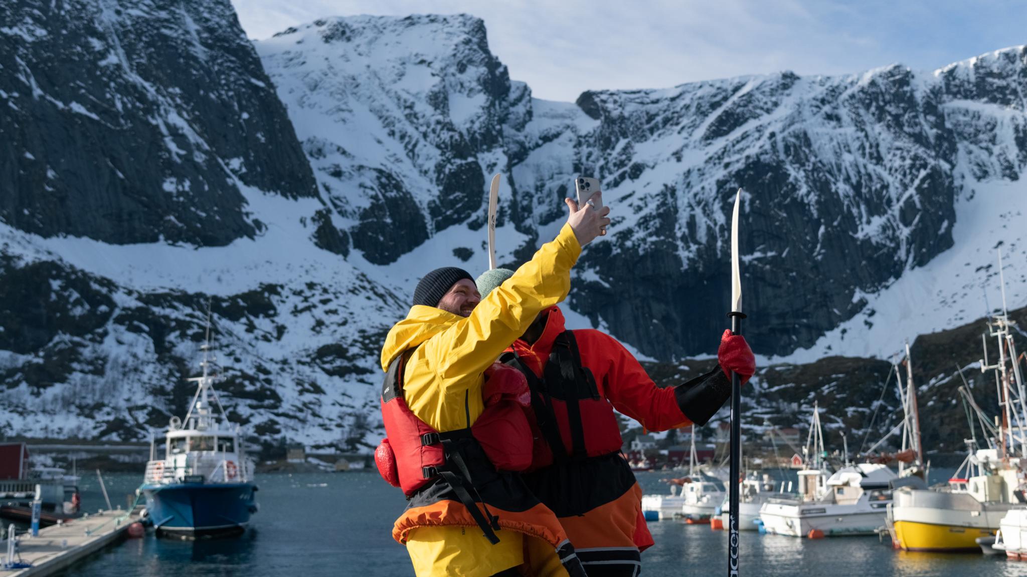 A couple taking a selfie in Lofoten.