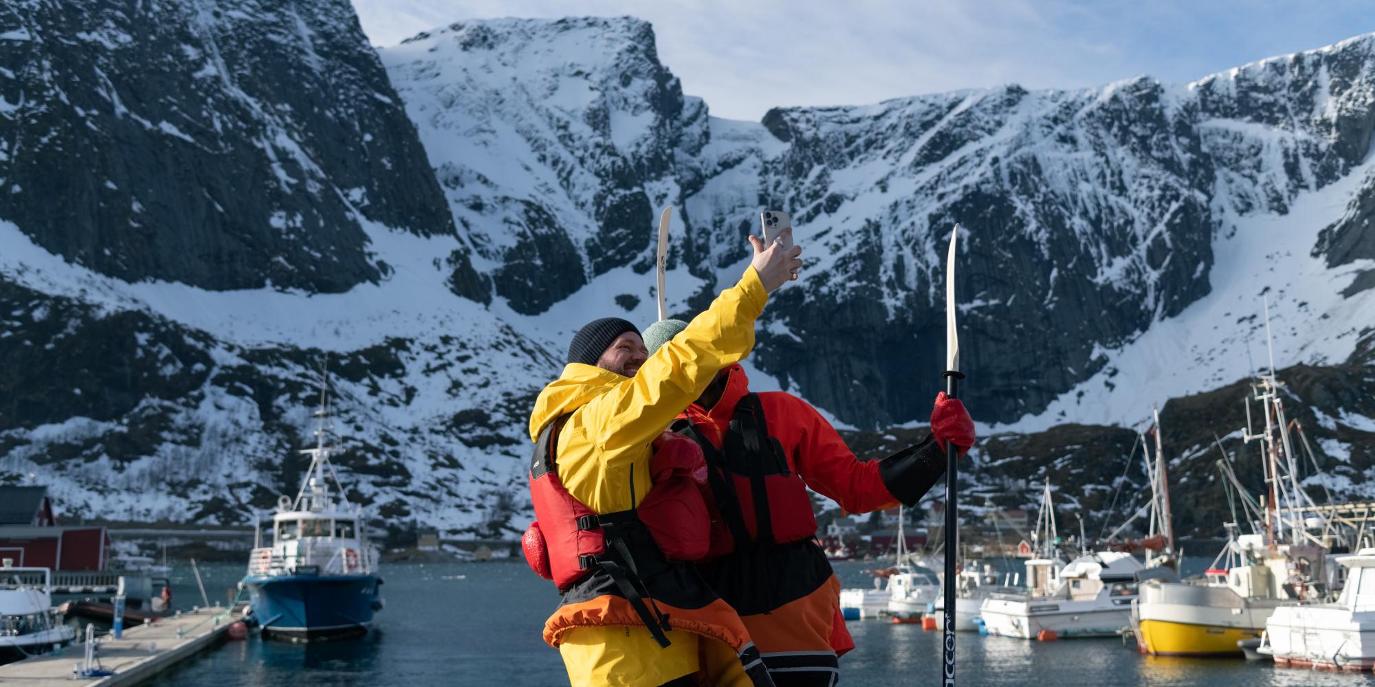 A couple taking a selfie in Lofoten.