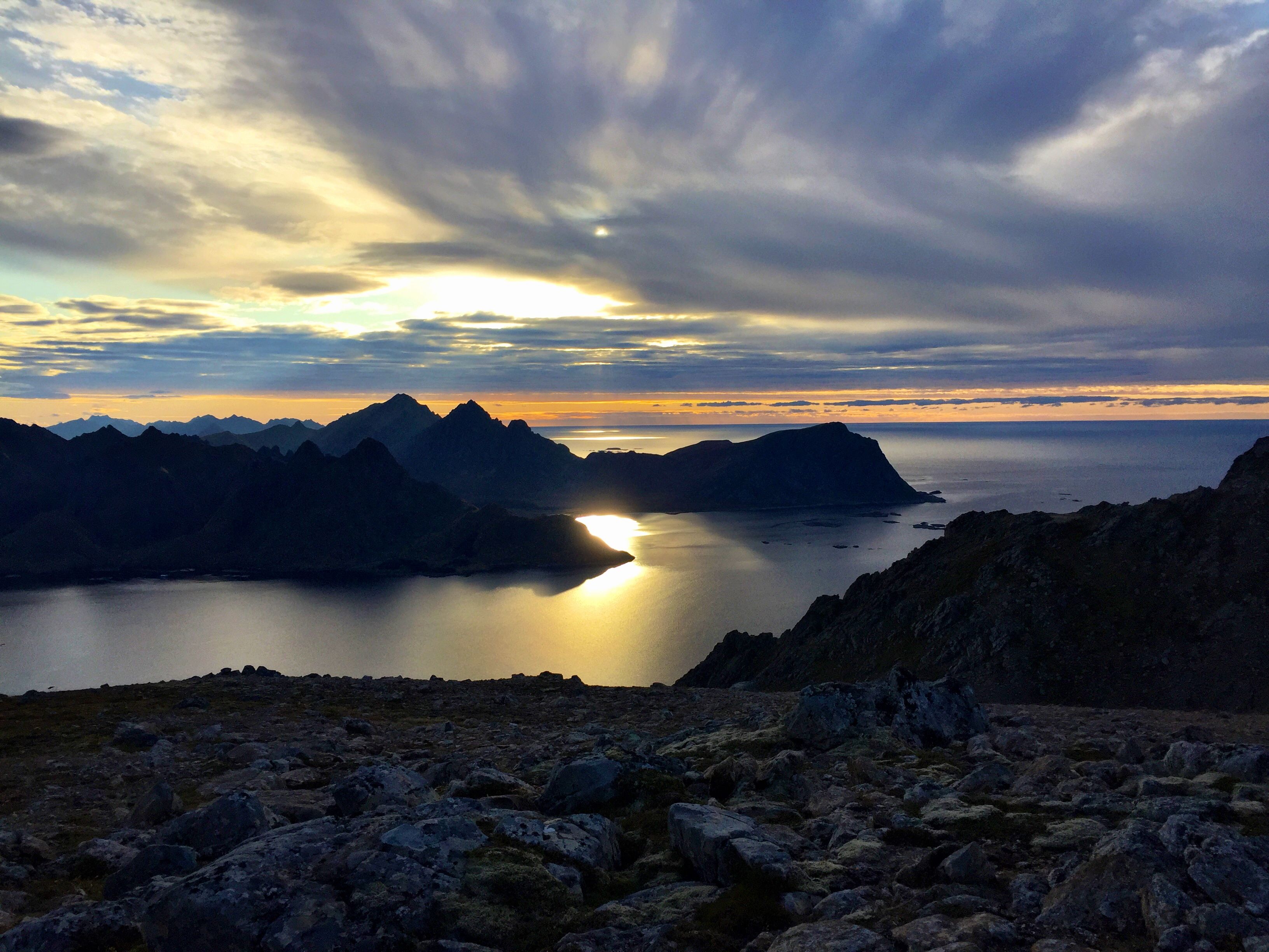 Sunset view of the sea and mountains, seen from the mountain Skipet in Myre in Vesterålen