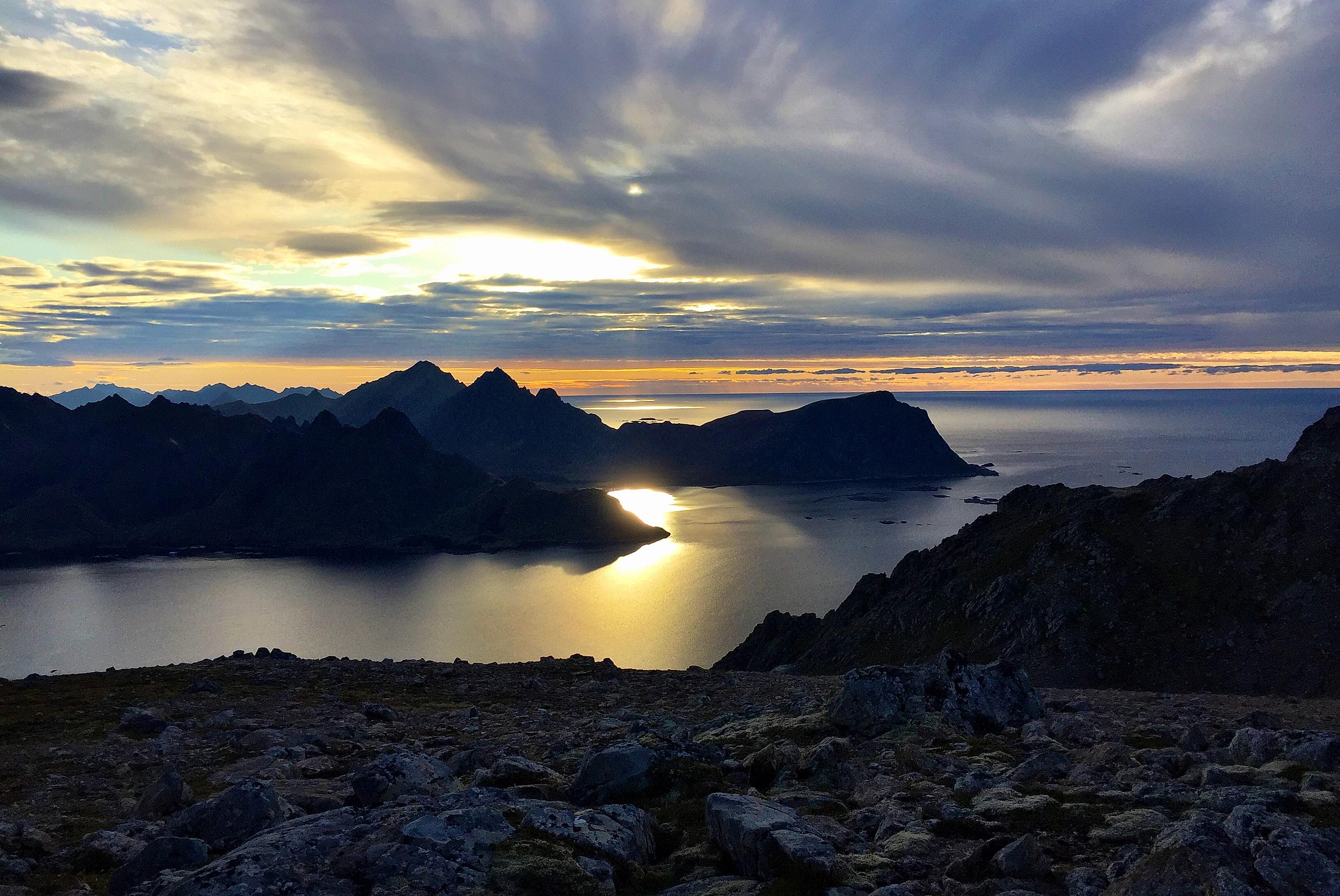 Sunset view of the sea and mountains, seen from the mountain Skipet in Myre in Vesterålen