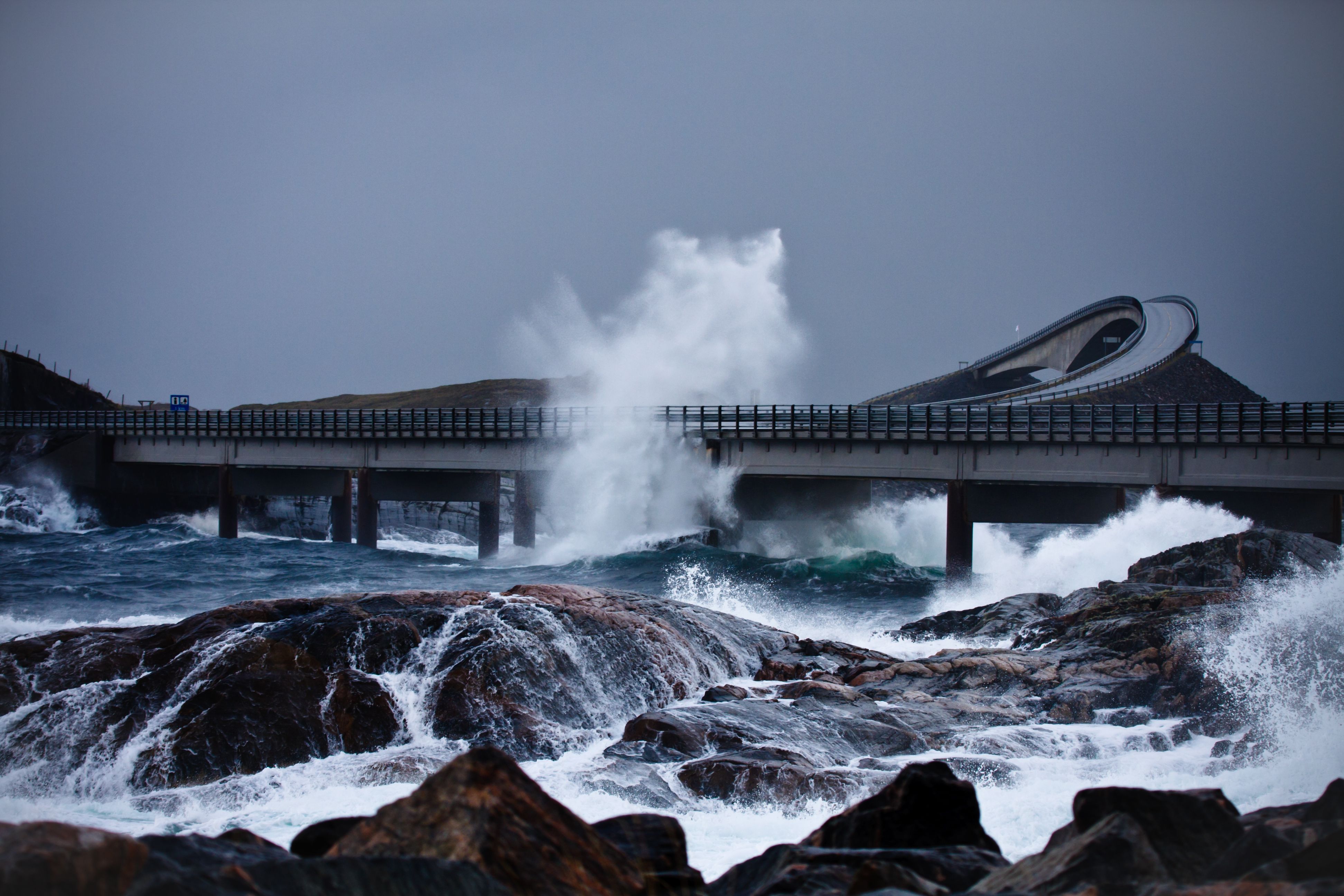 Storm at The Atlantic Road in Northwest, Fjord Norway.
