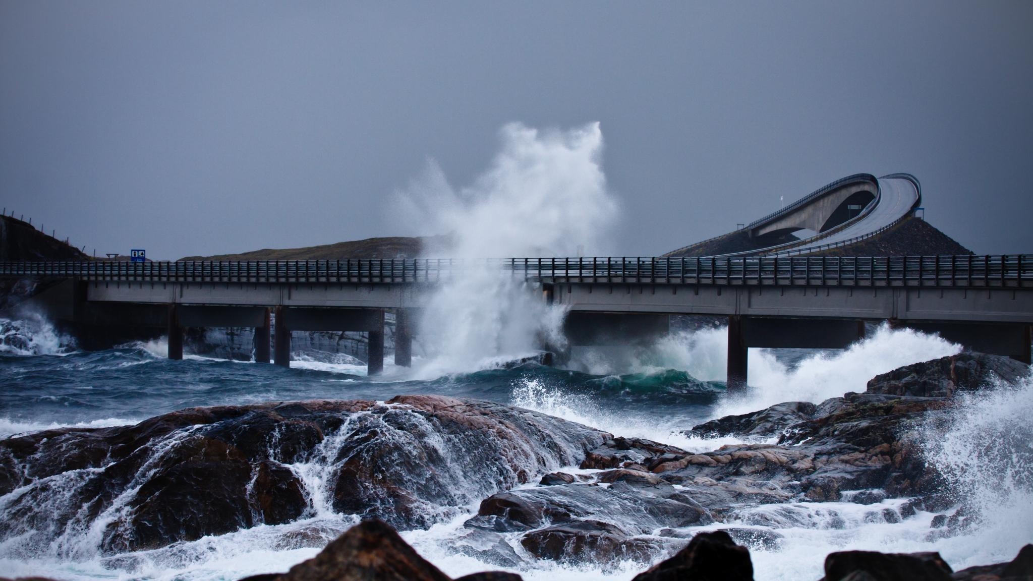 Storm at The Atlantic Road in Northwest, Fjord Norway.