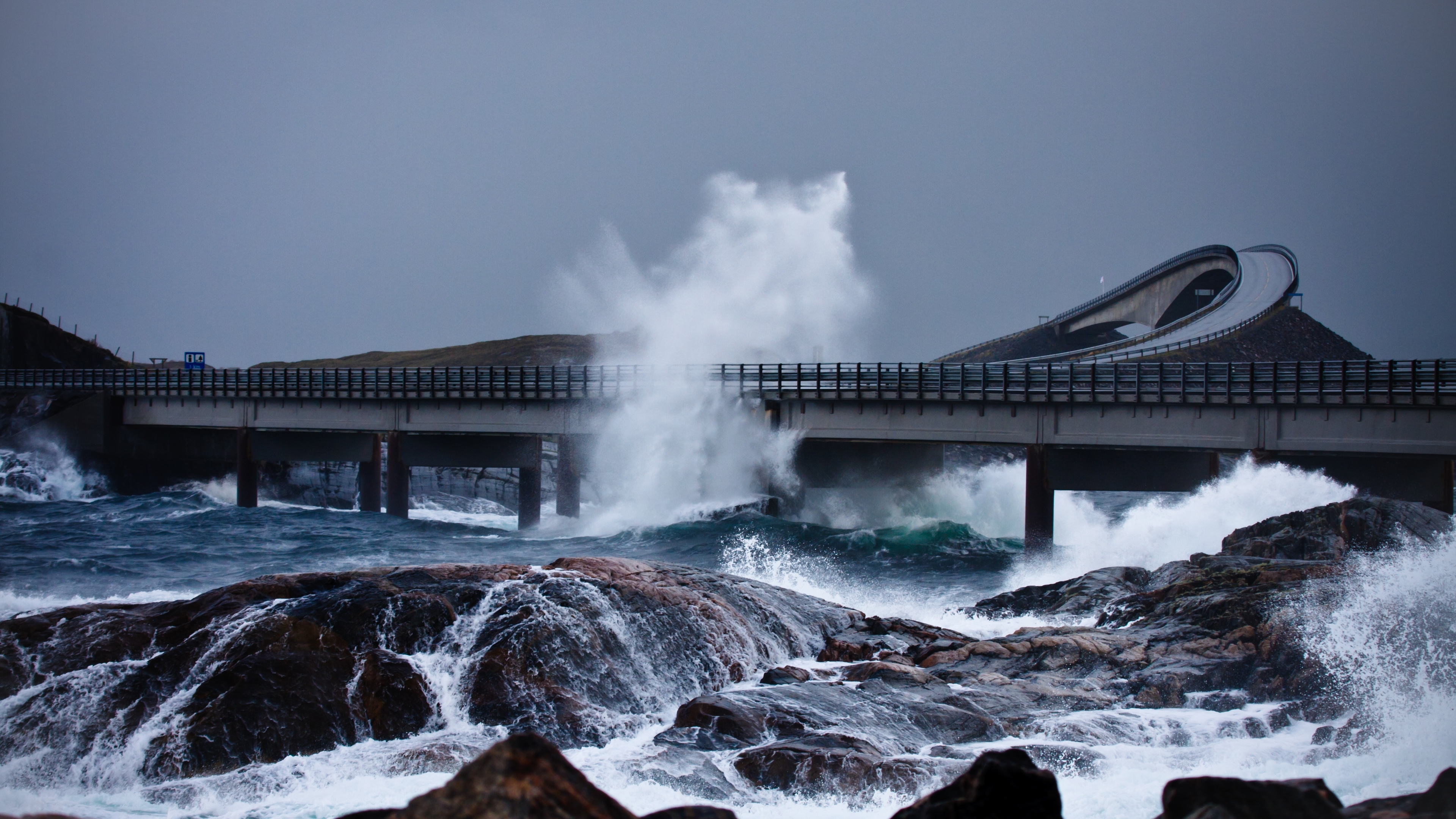 Storm at The Atlantic Road in Northwest, Fjord Norway.