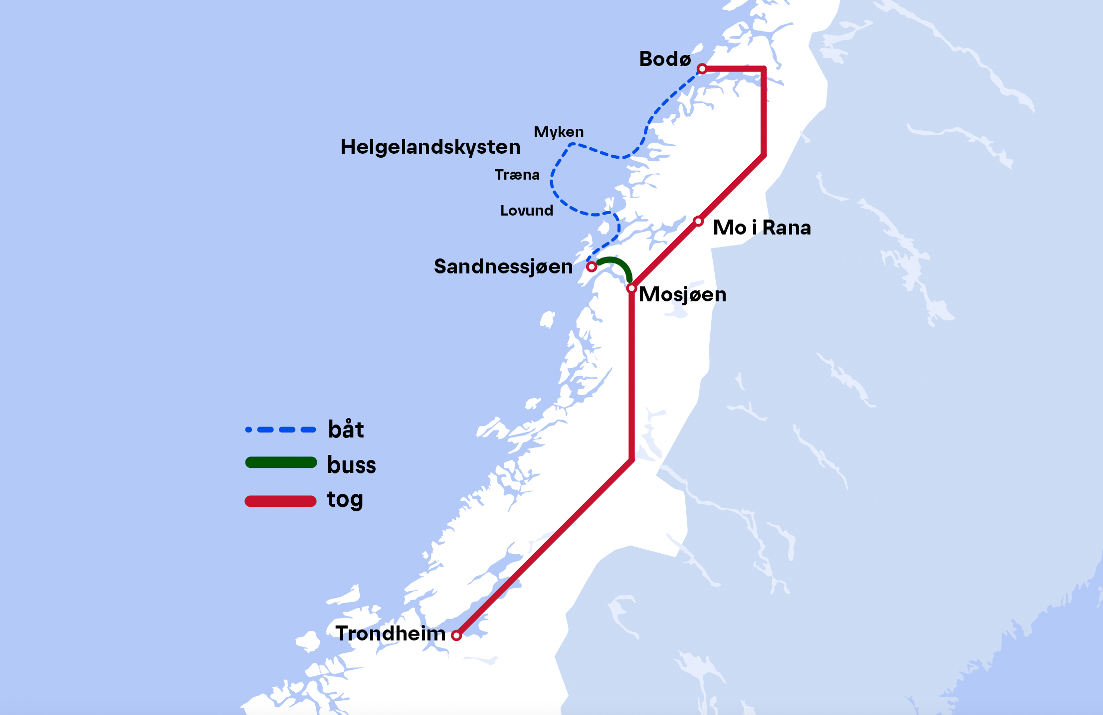 Public transportation map route from Trondheim-Helgelandskysten-Bodø
