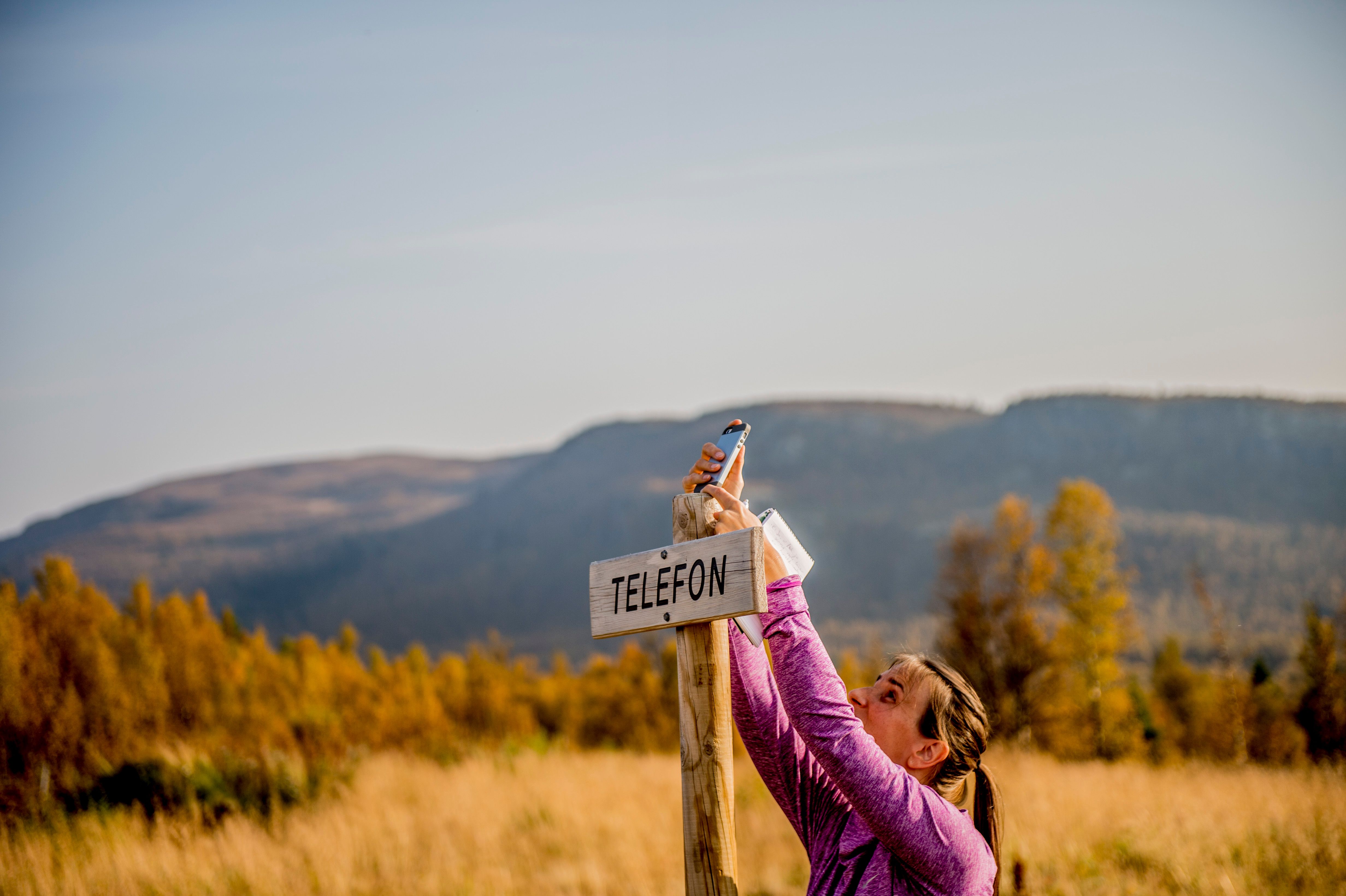 A person holding a cellphone in Langsua national park, Eastern Norway