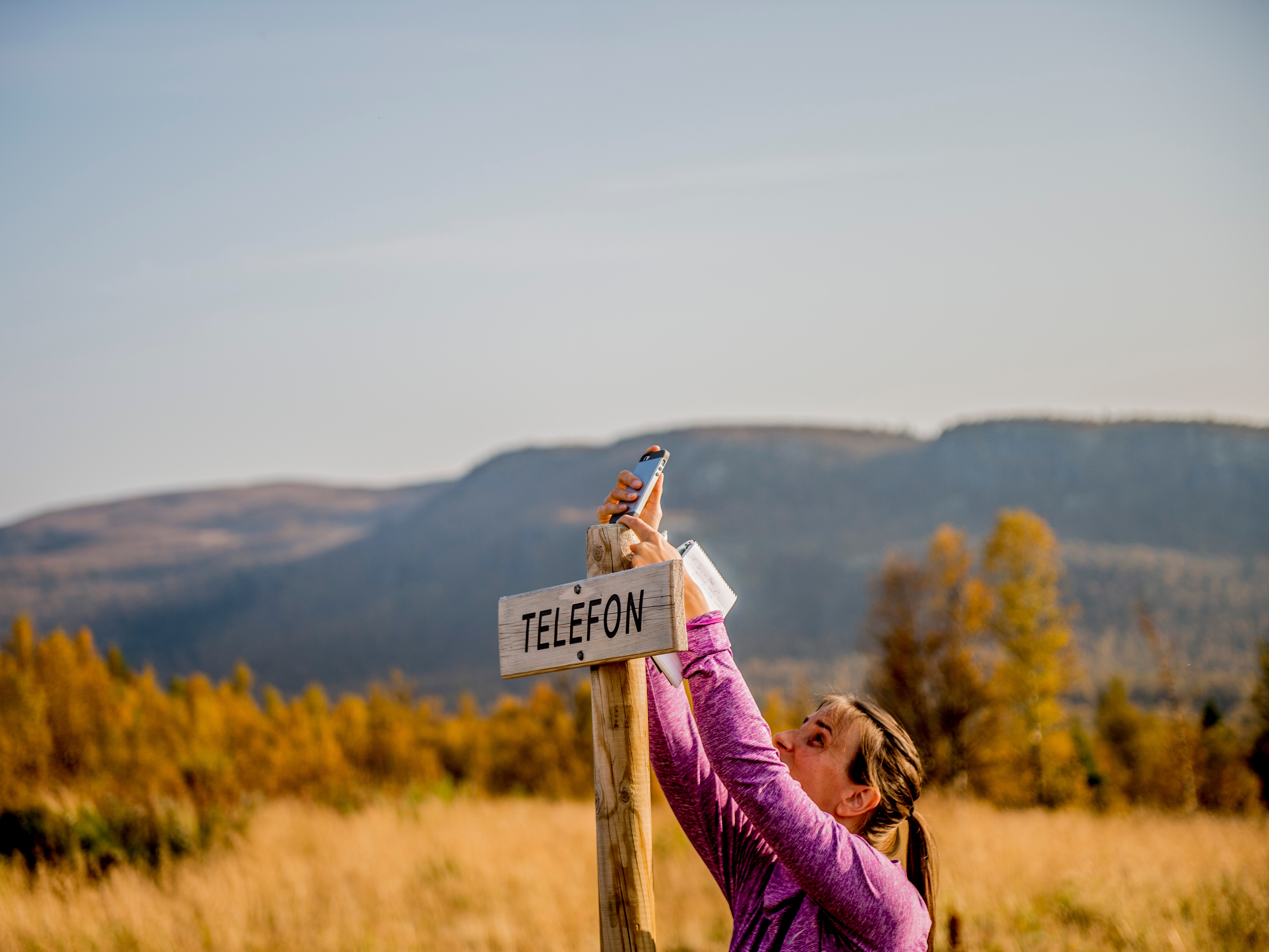 A person holding a cellphone in Langsua national park, Eastern Norway