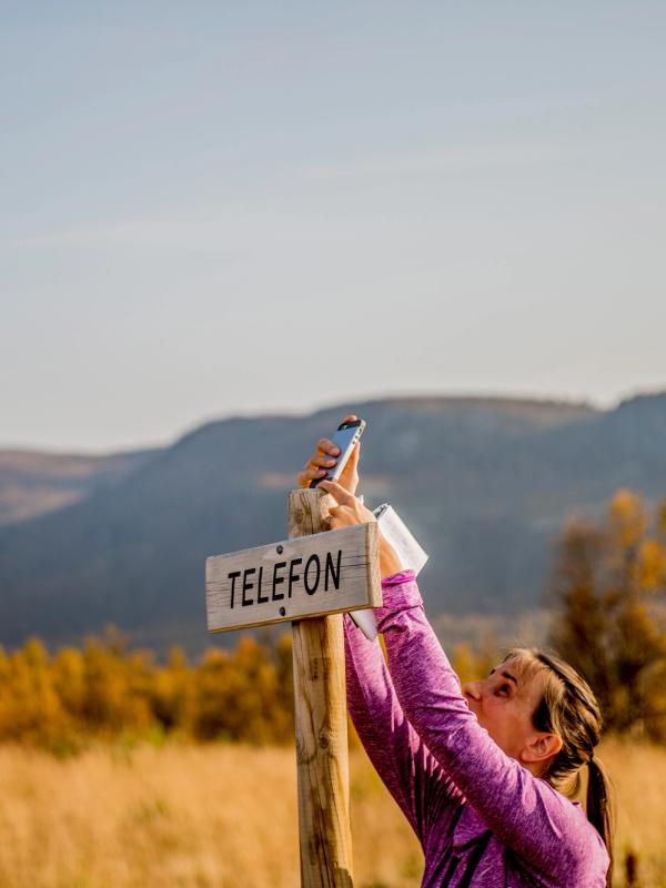 A person holding a cellphone in Langsua national park, Eastern Norway